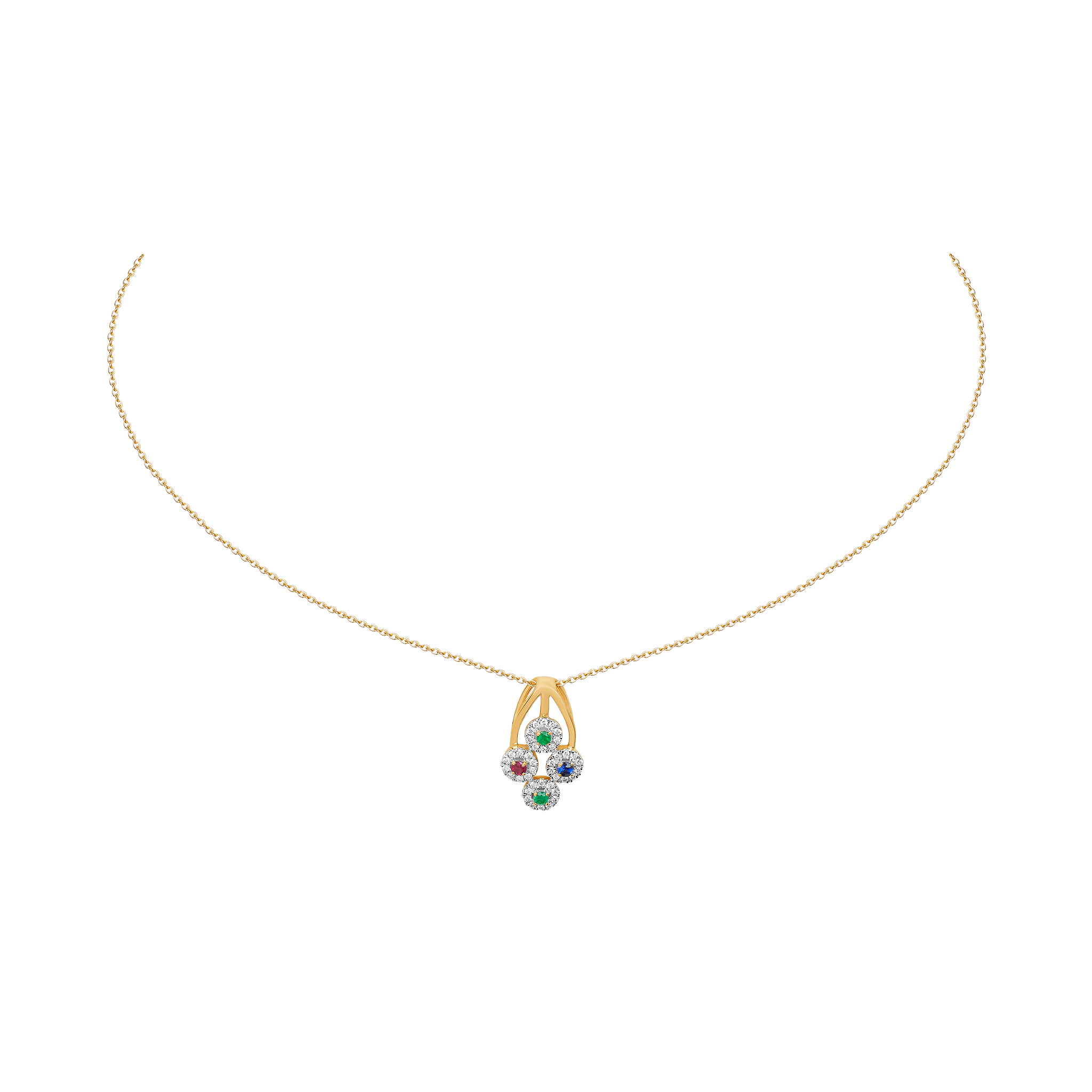 Ananya Diamond, Ruby, Emeral & Blue Sapphire Pendant chain & Earring in 18K Gold