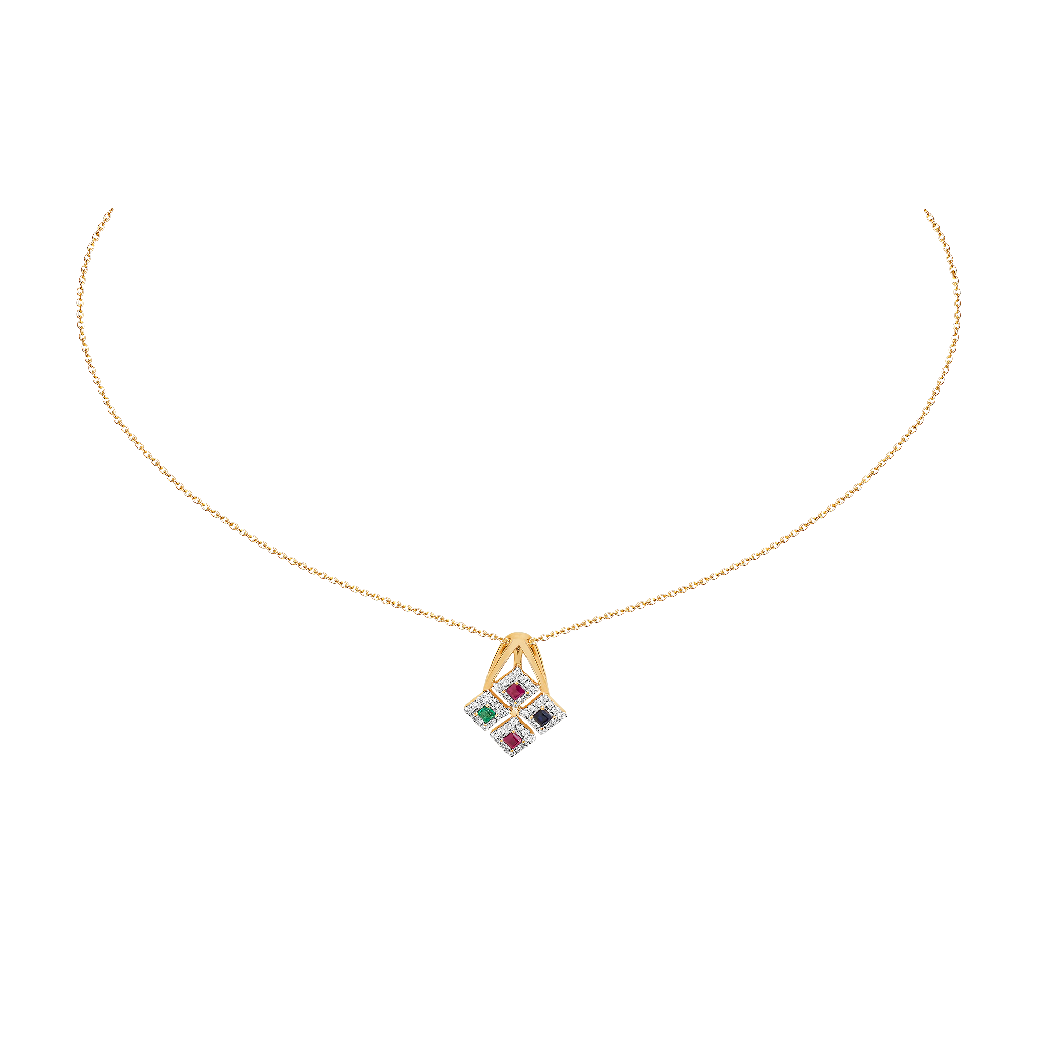 Ananya Diamond, Ruby, Emeral & Blue Sapphire Pendant chain & Earring in 18K Gold