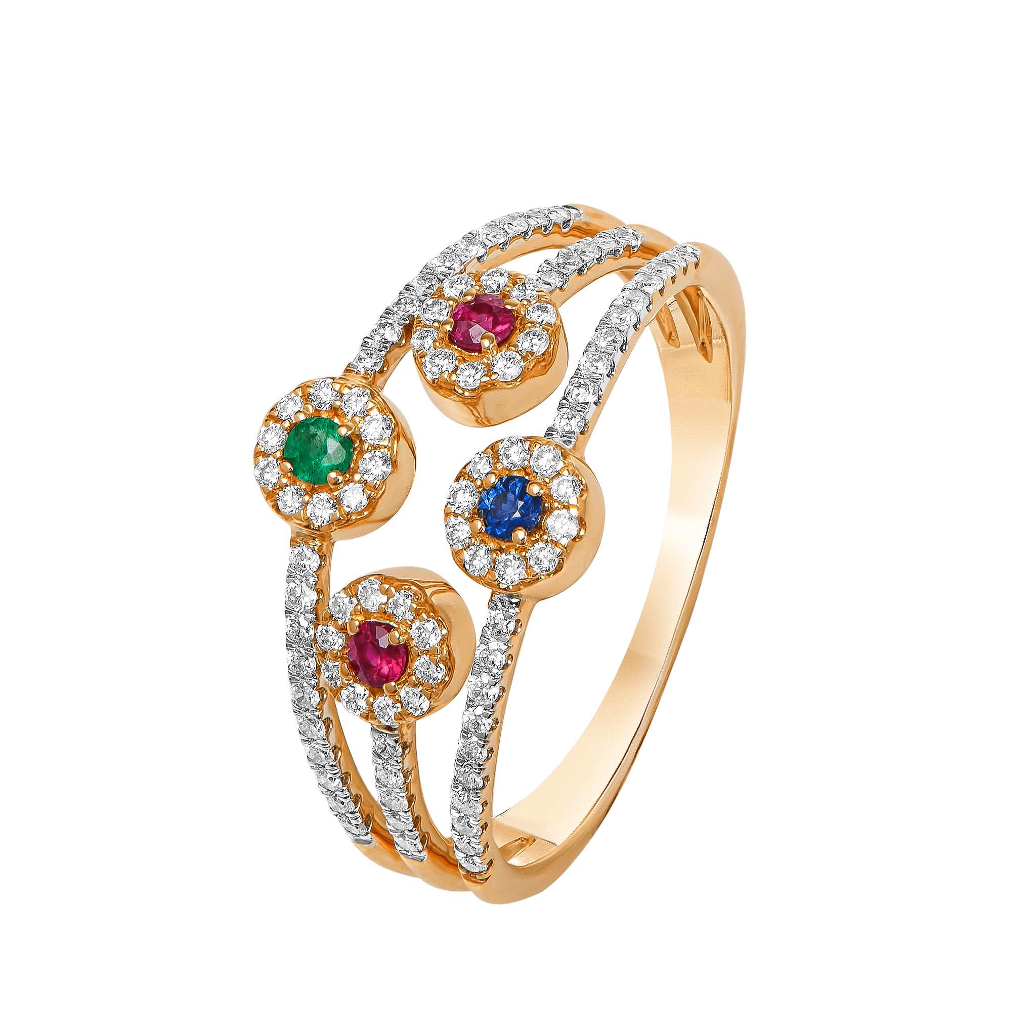 Ananya Diamond, Ruby, Emerald & Blue Sapphire Ring in 18K Gold