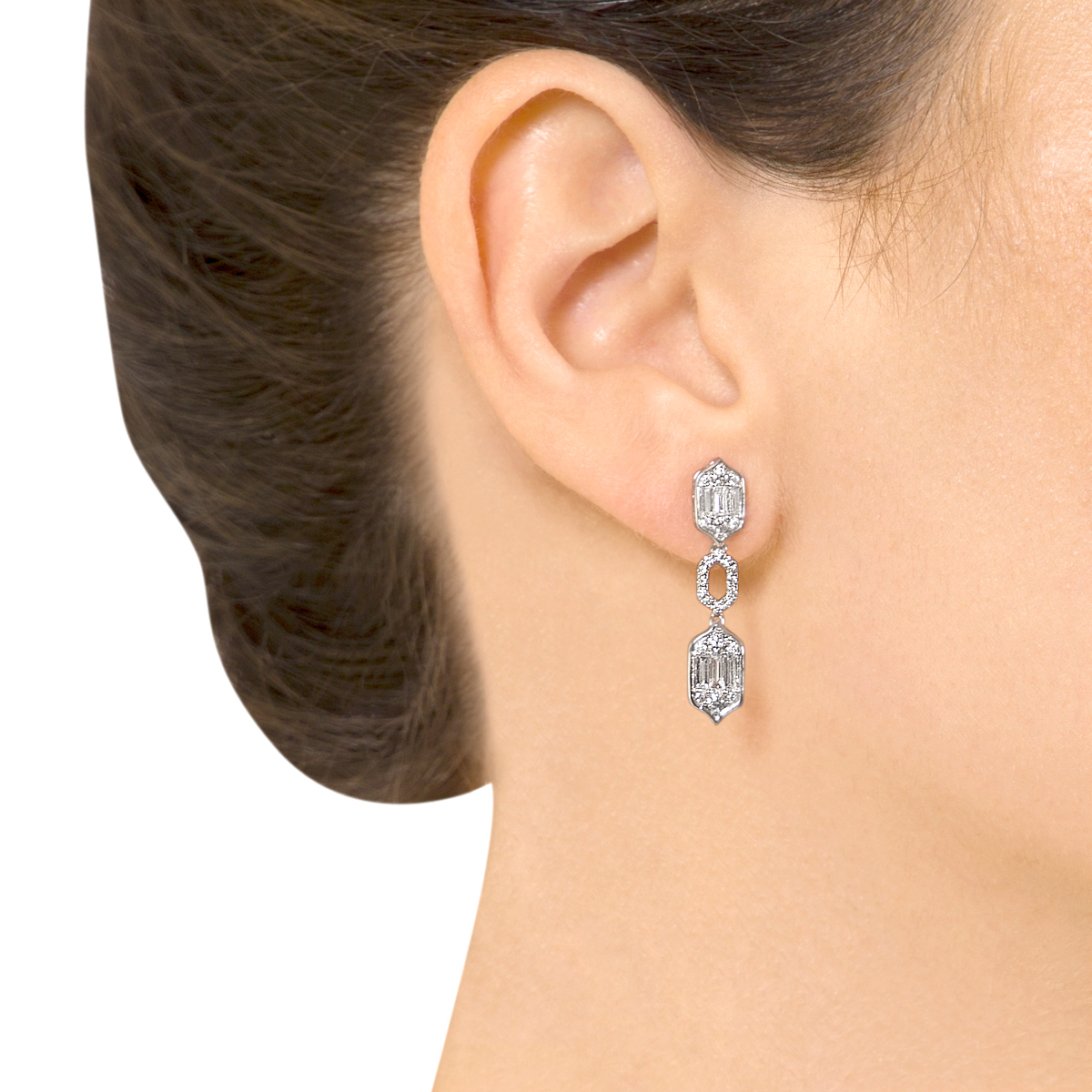 Palace Baguette Cut Diamond Drop Earrings 18K White Gold 