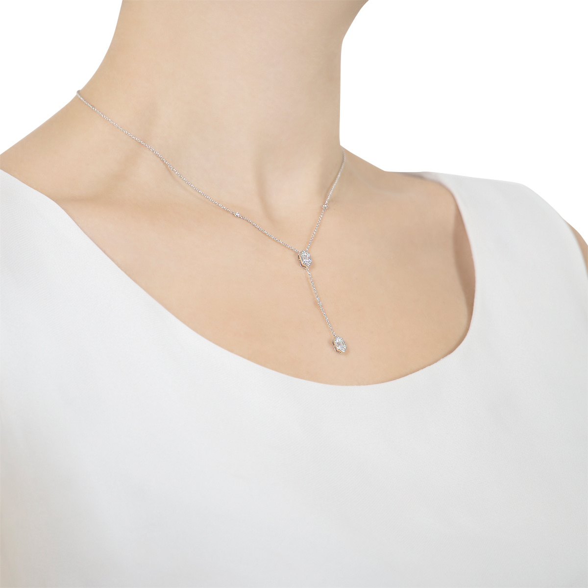Palace Baguette Y Diamond Pendant Necklace 18K White Gold 