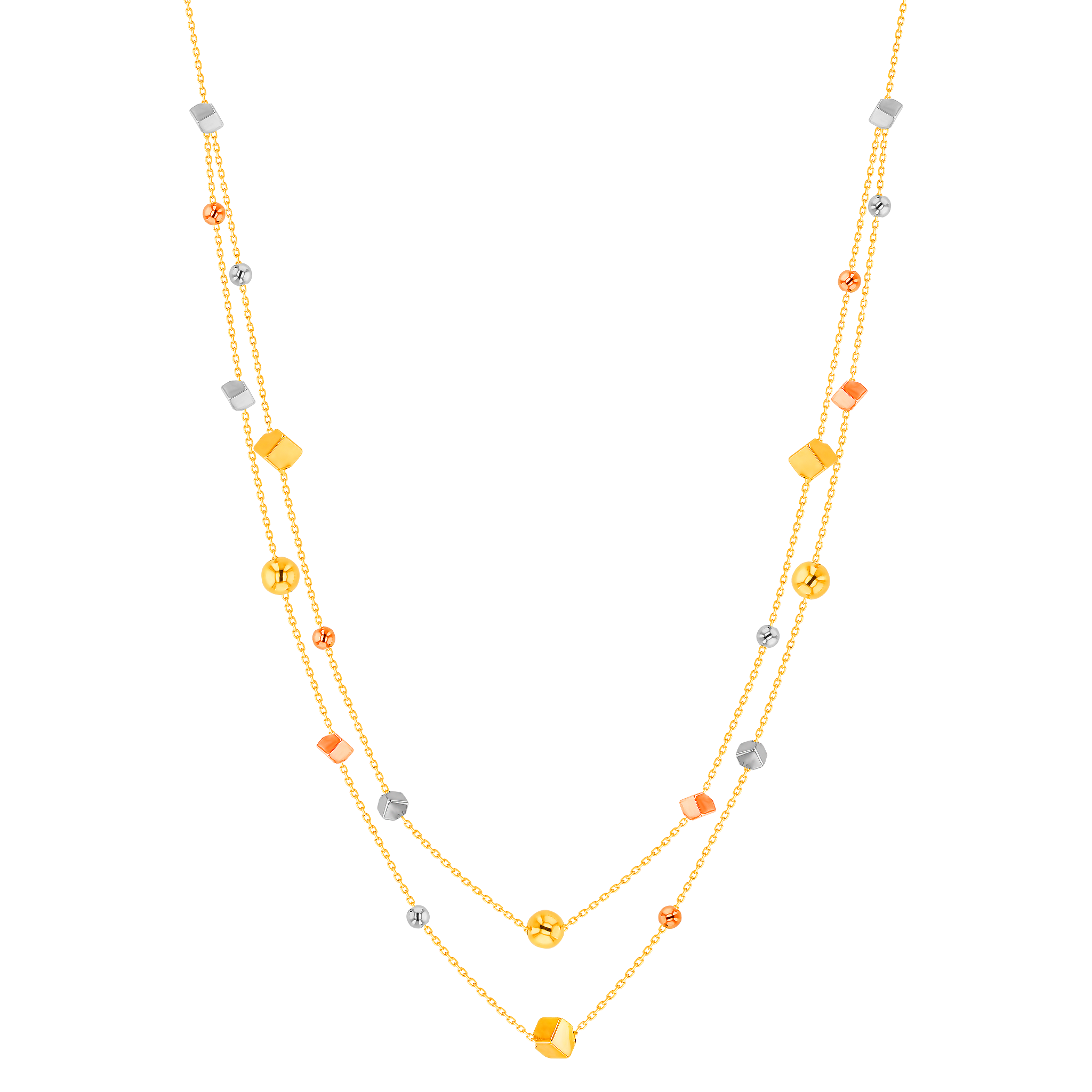 Cubes Two Tiered Chain Necklace in 18K Yellow, White & Rose Gold 