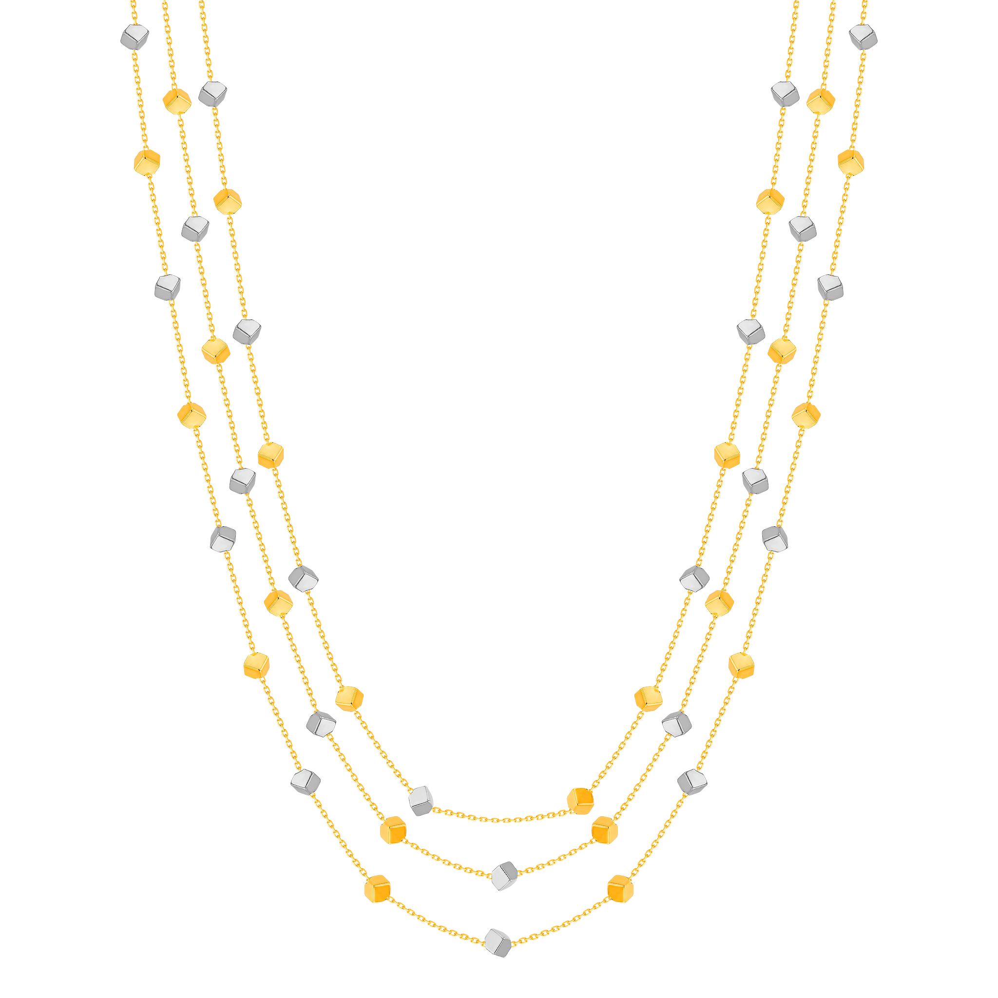 Cubes Triple Chain Necklace 18K Yellow & White Gold 