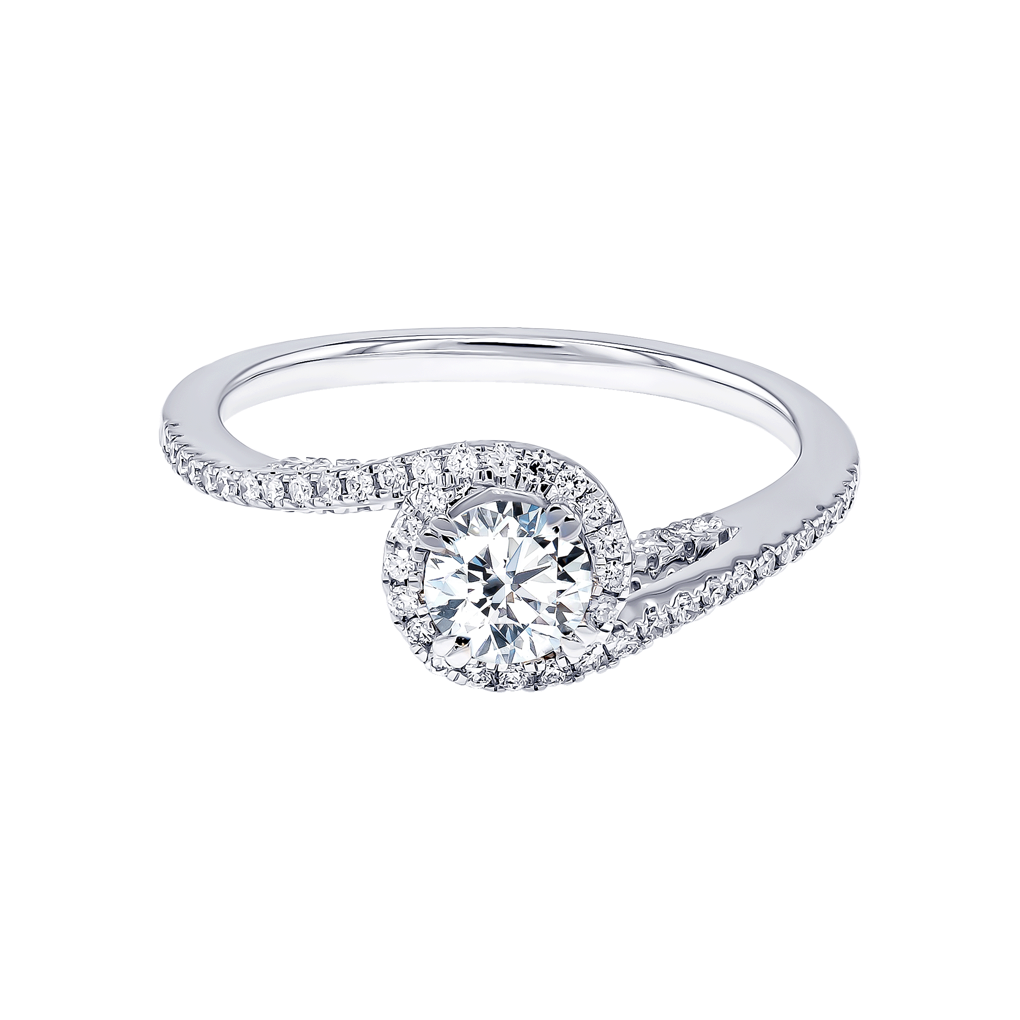 Damas Engagement 0.5 Carat Round Brilliant Diamond Engagment Ring With Double Spiral Diamond Studded Band 