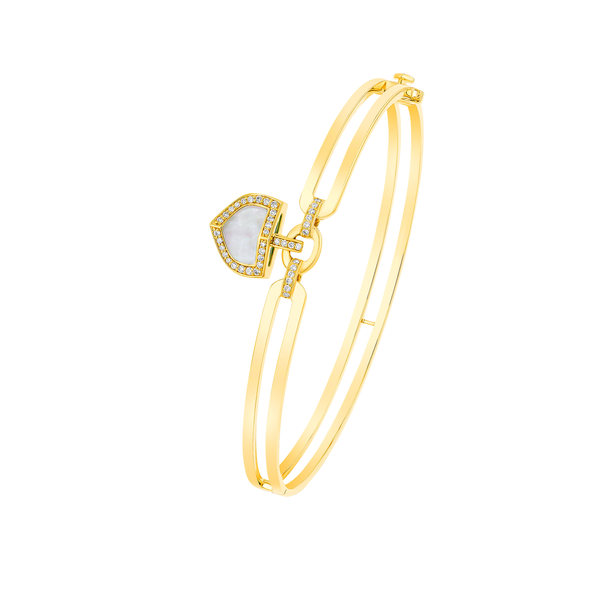 Dome Art Deco Yellow Gold Bangle with Mother of Pearl and Diamond