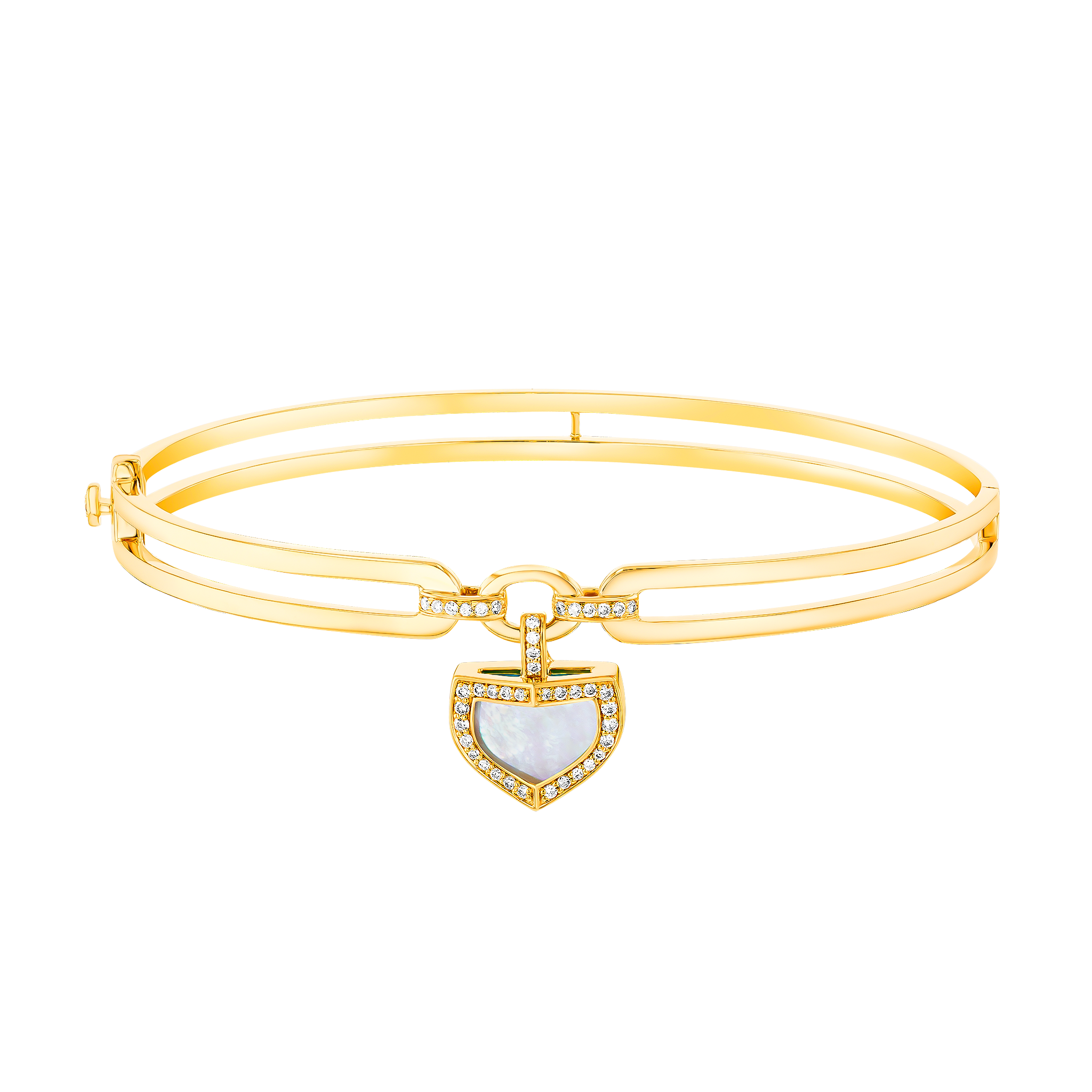 Dome Art Deco Yellow Gold Bangle with Mother of Pearl and Diamond