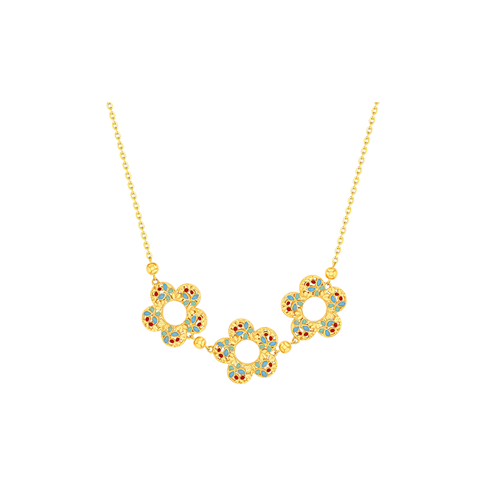 Farfasha Bloom Blue & Orange Enamel Triple Motif Necklace 