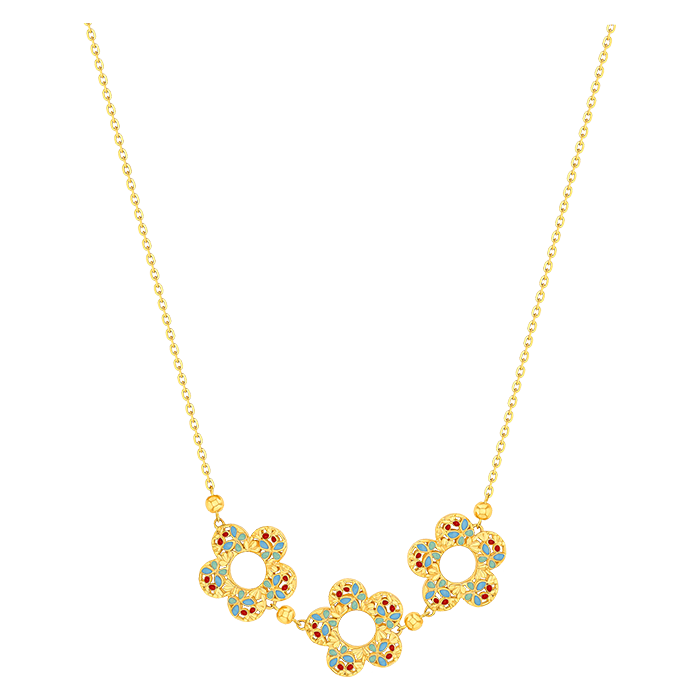 Farfasha Bloom Blue & Orange Enamel Triple Motif Necklace 