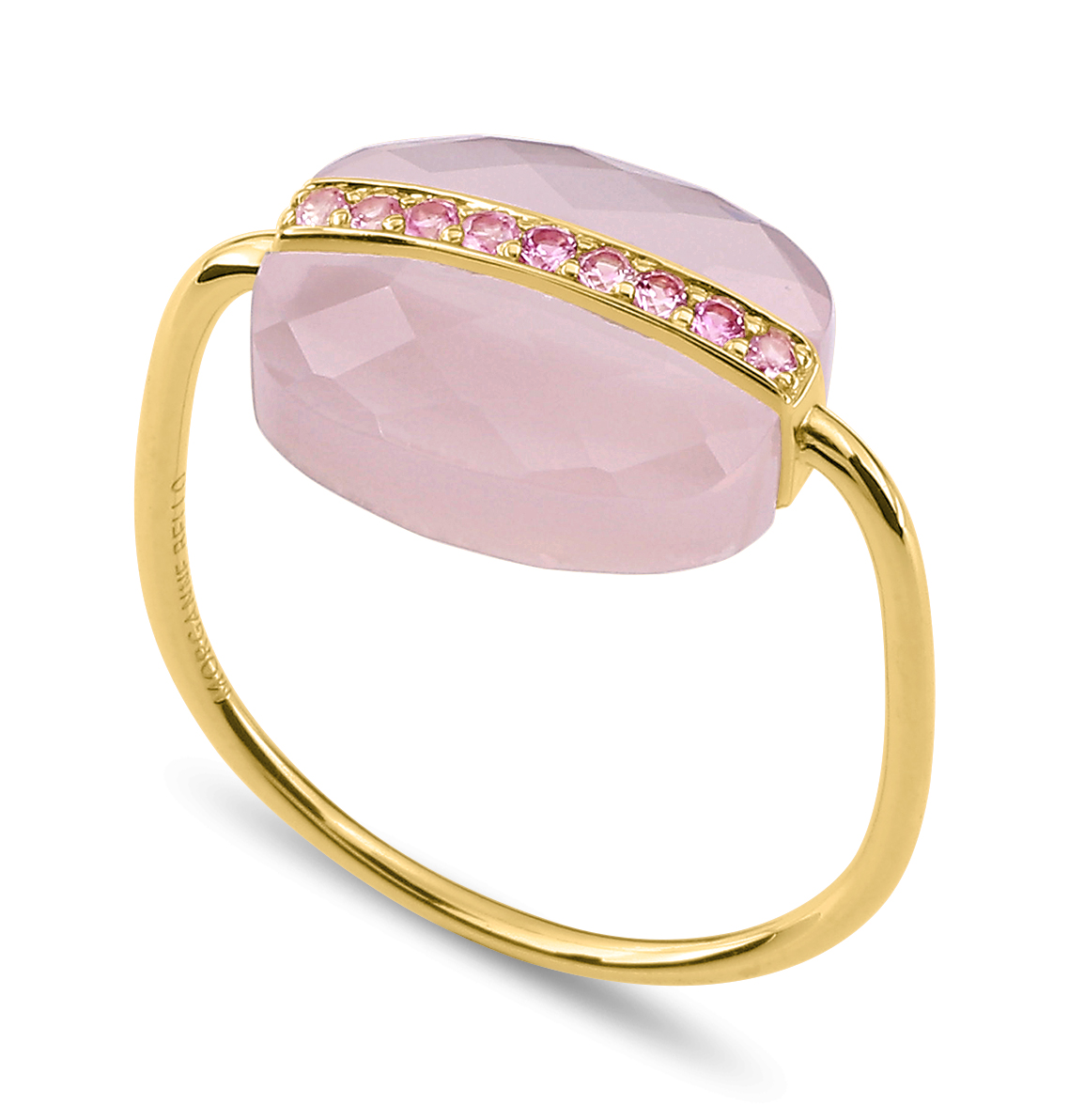 Morganne Bello Milky Pink Quartz Cushion And Pink Sapphires Yellow Gold Aurore Ring