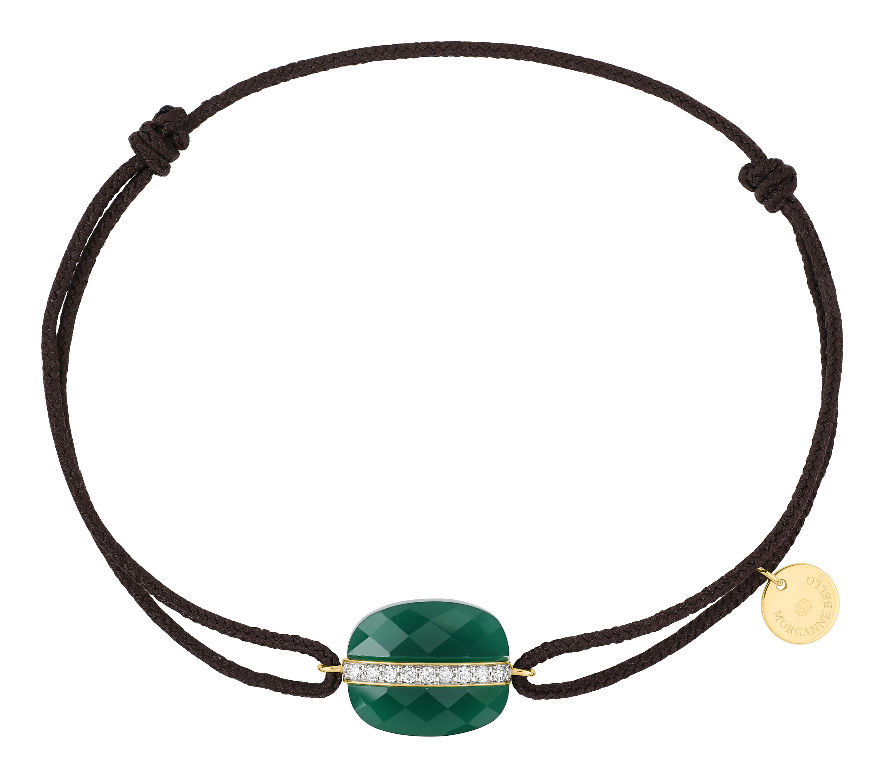 Morganne Bello Green Agate Cushion And Diamonds Yellow Gold And Chocolate Cord Aurore Bracelet