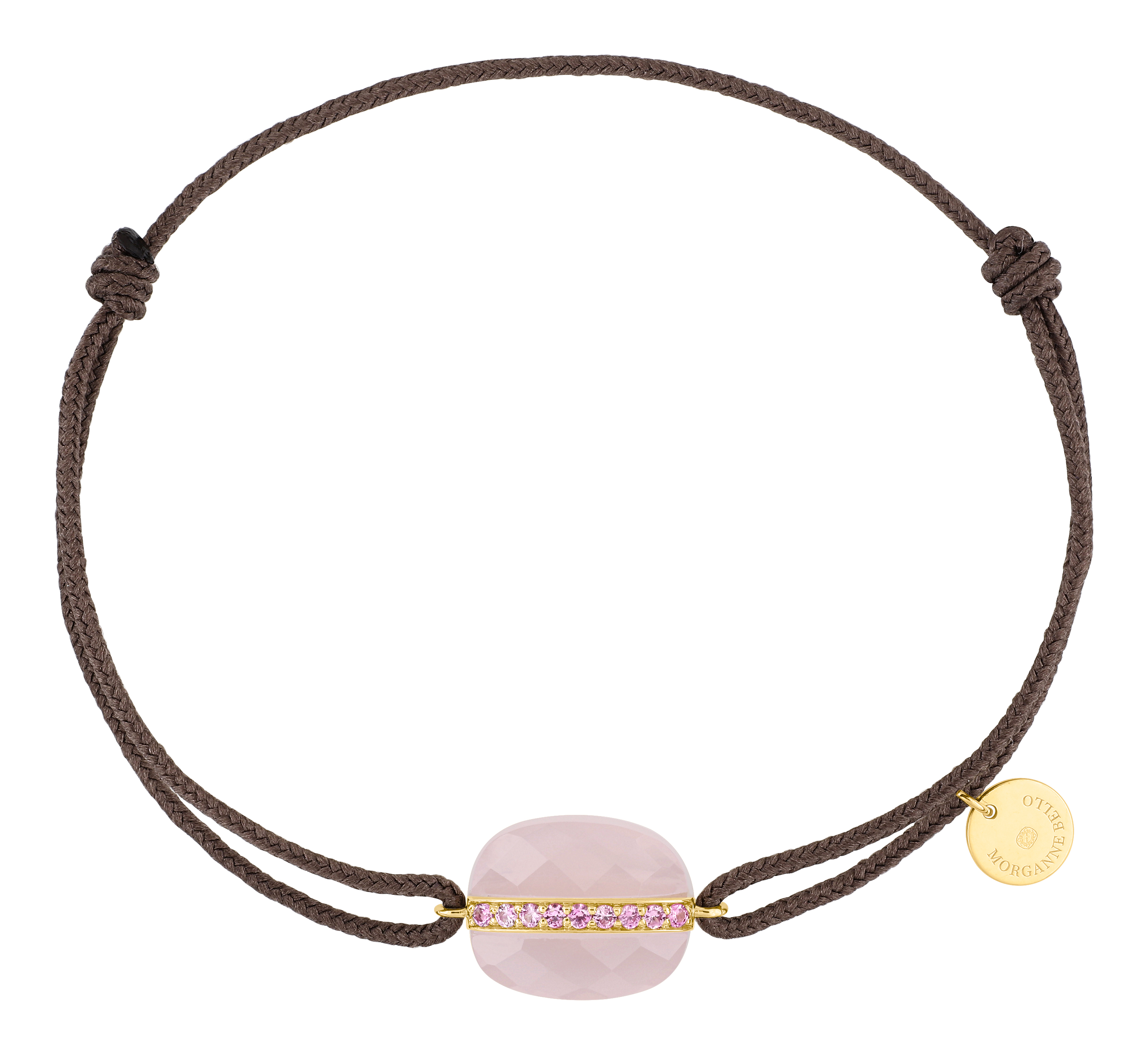 Morganne Bello Milky Pink Quartz Cushion And Pink Sapphires Yellow Gold And Taupe Cord Aurore Bracelet
