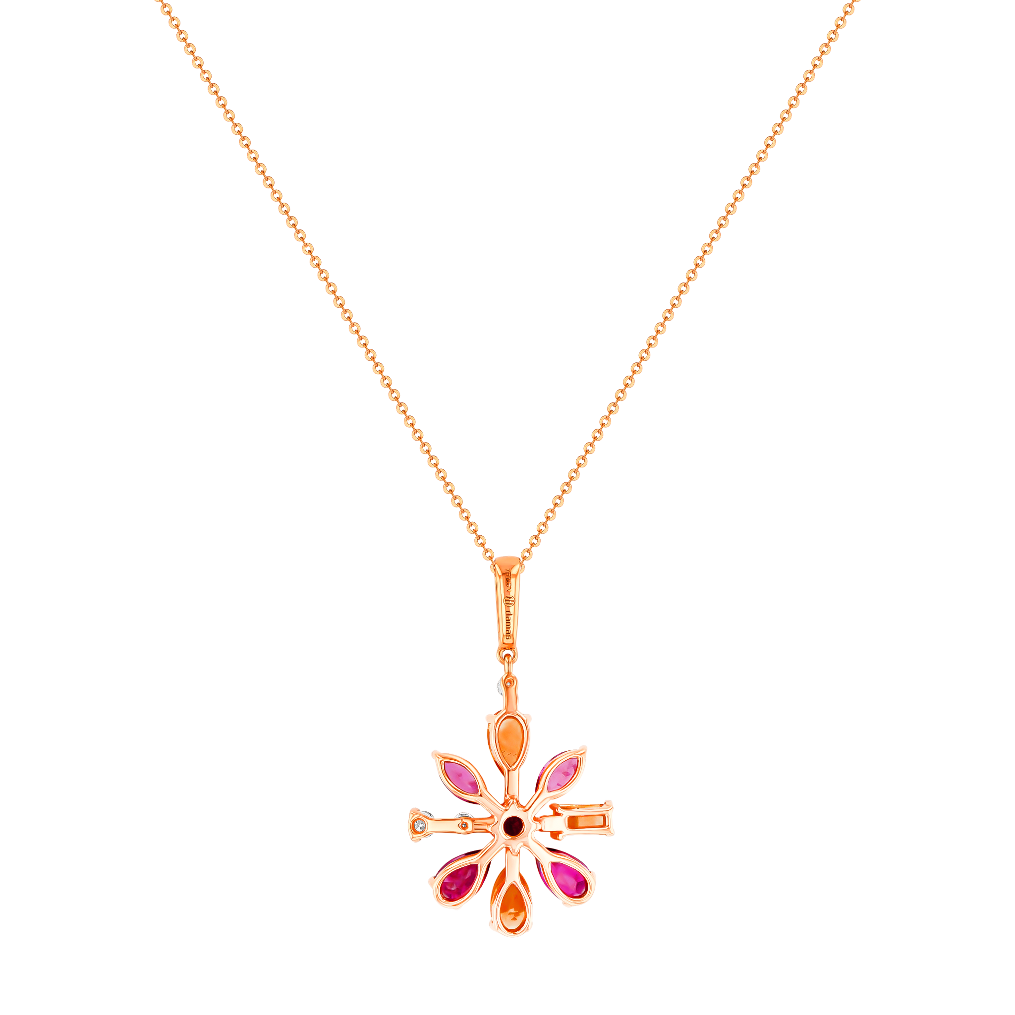 Fireworks Sparks 8 Petals Flower Coloured Gemstones & Diamond Necklace 18K Rose Gold 