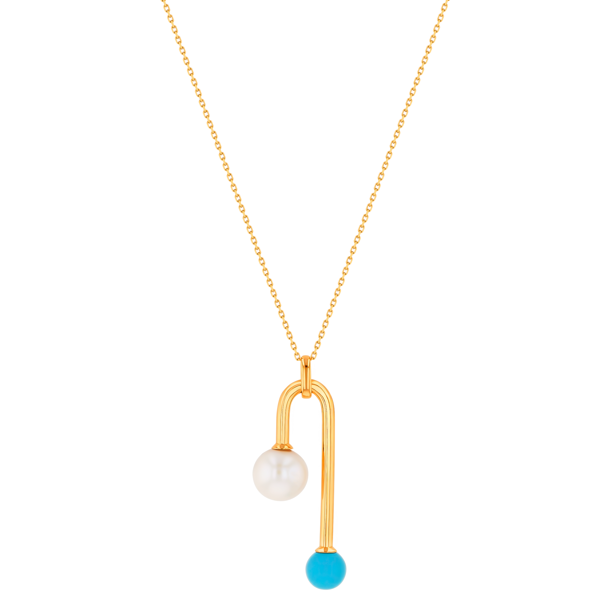 Kiku Glow Necklace in 18K Yellow Gold With a Freshwater Pearl and Turquoise Stone