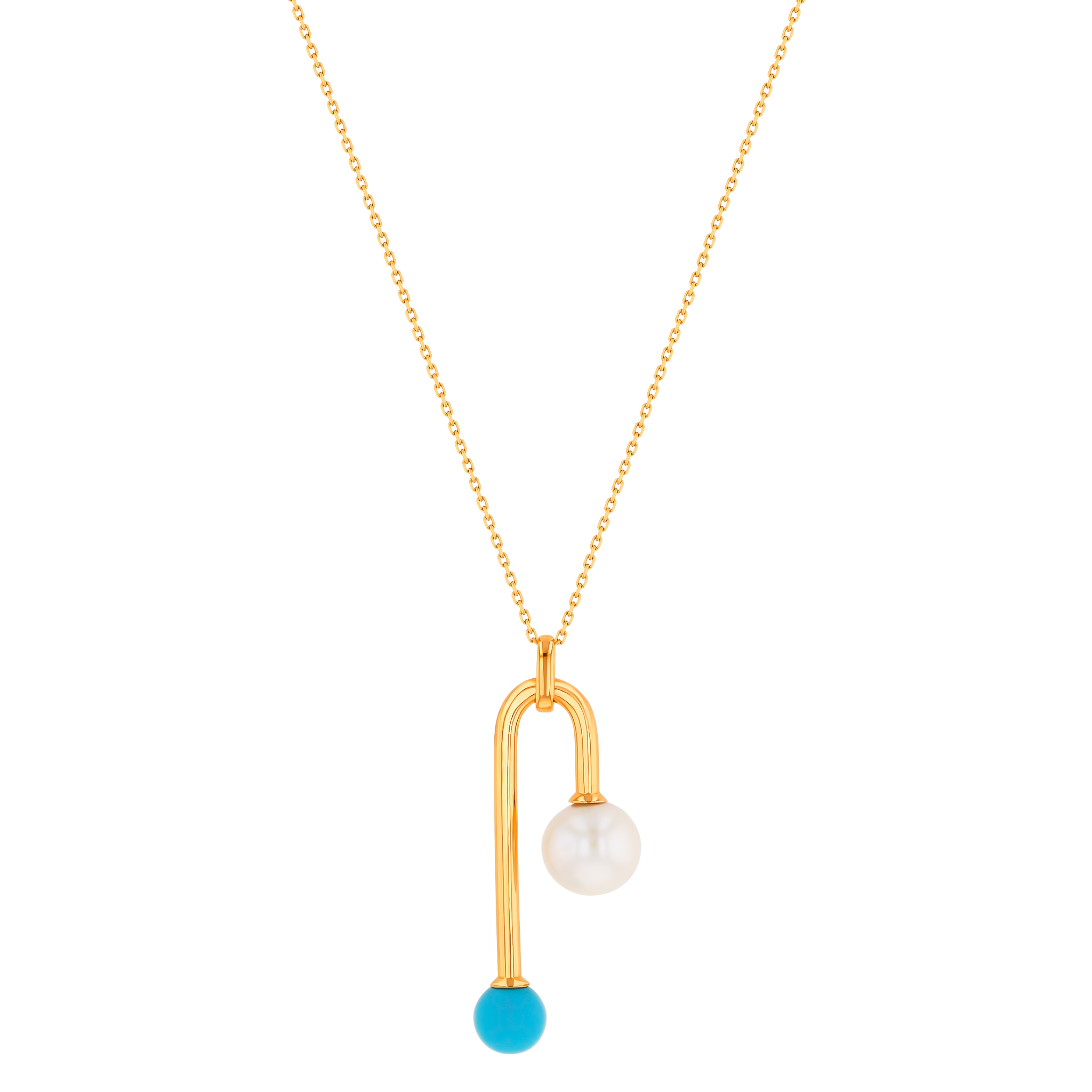 Kiku Glow Necklace in 18K Yellow Gold With a Freshwater Pearl and Turquoise Stone