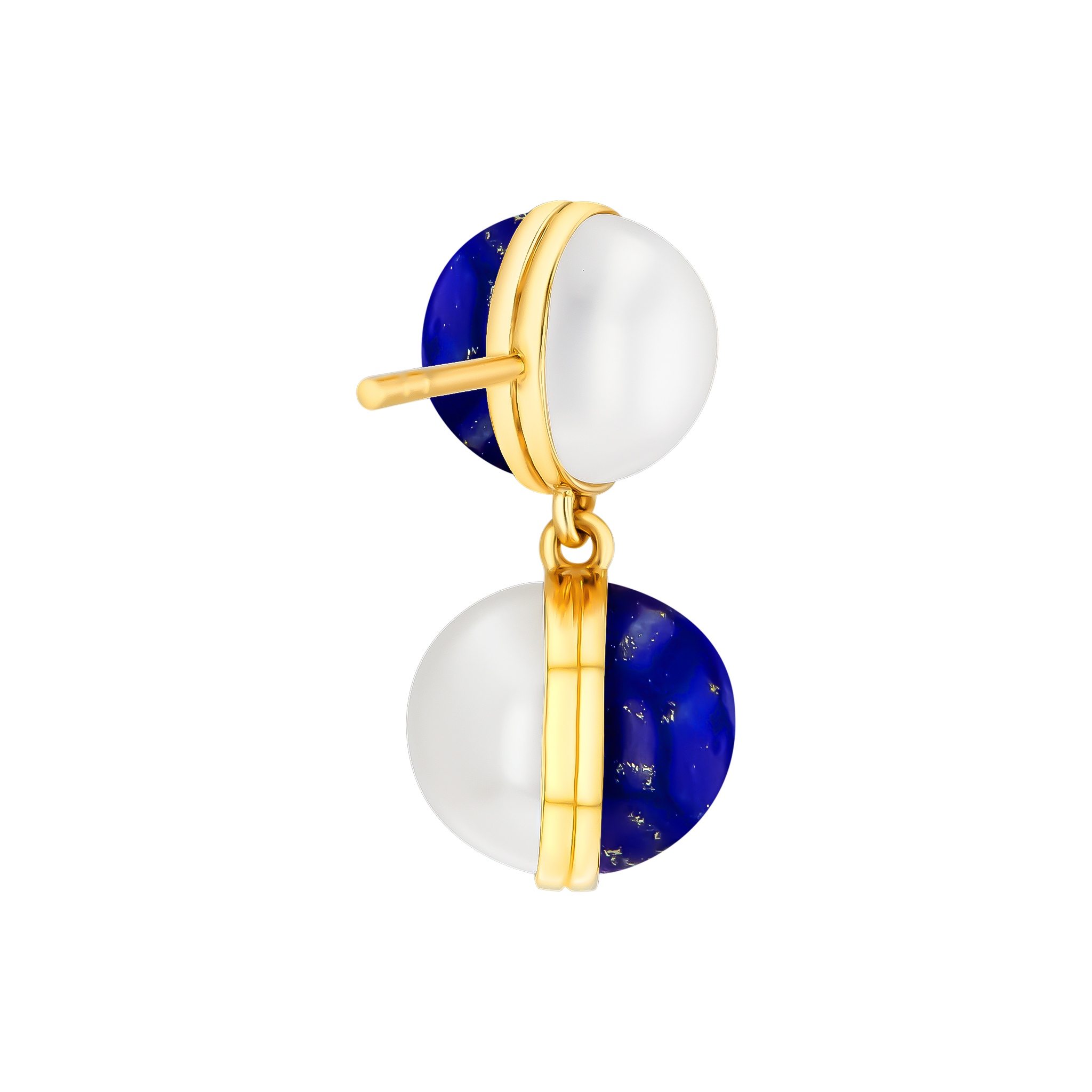 Kiku Glow Sphere Earrings In 18K Yellow Gold With Freshwater Pearls and Lapis Lazuli Stones
