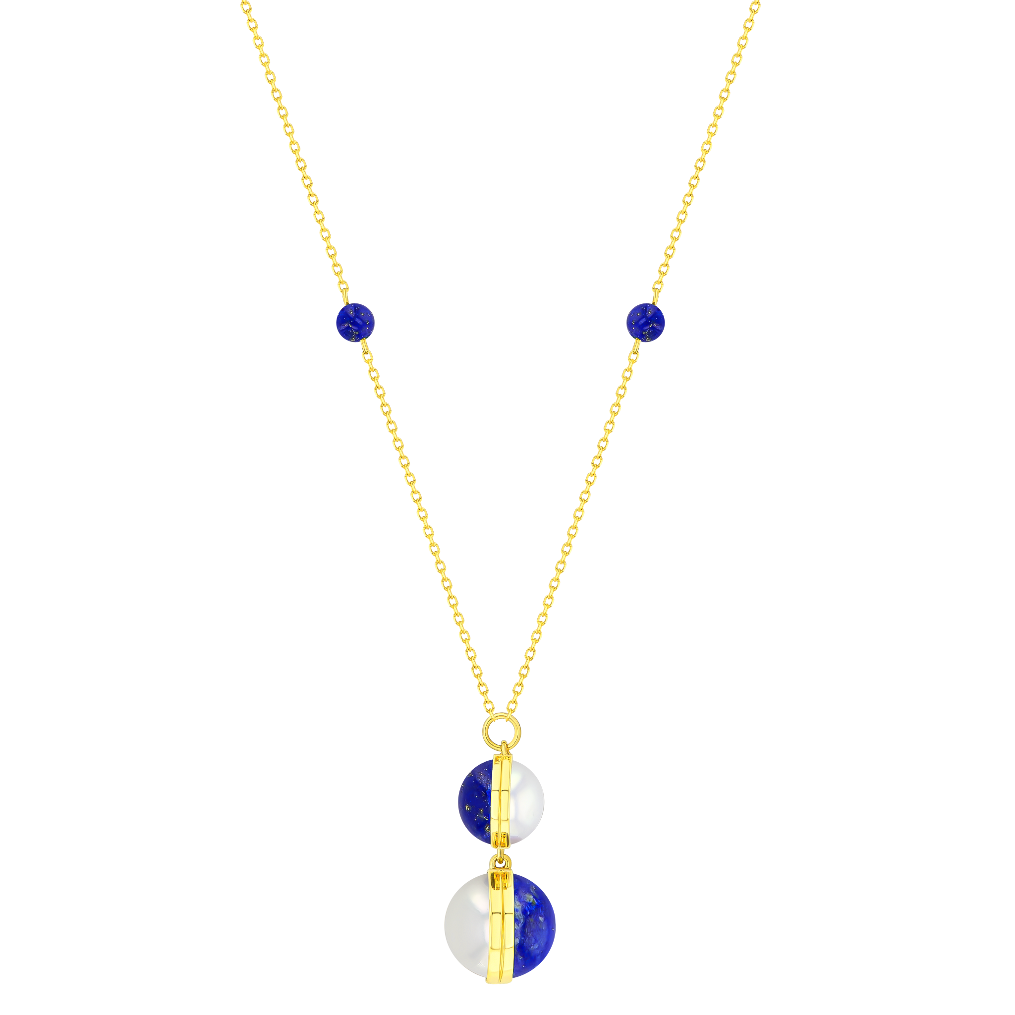 Kiku Glow Sphere Necklace In 18K Yellow Gold With Freshwater Pearls and Lapis Lazuli Stones