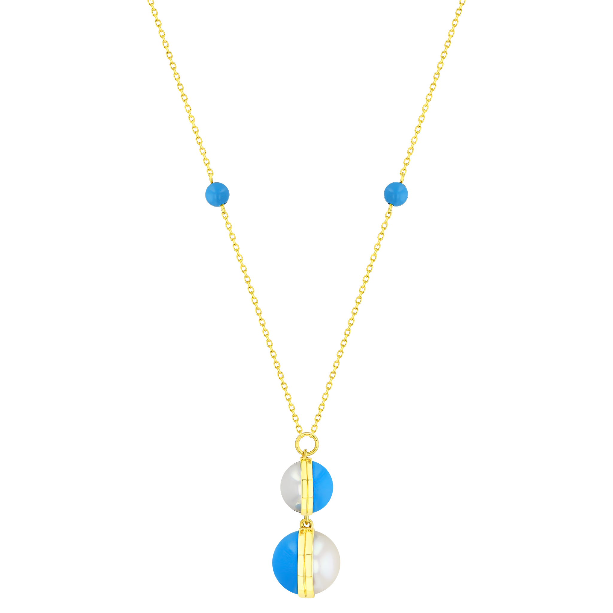 Kiku Glow Sphere Necklace In 18K Yellow Gold With Freshwater Pearls and Turquoise Stones