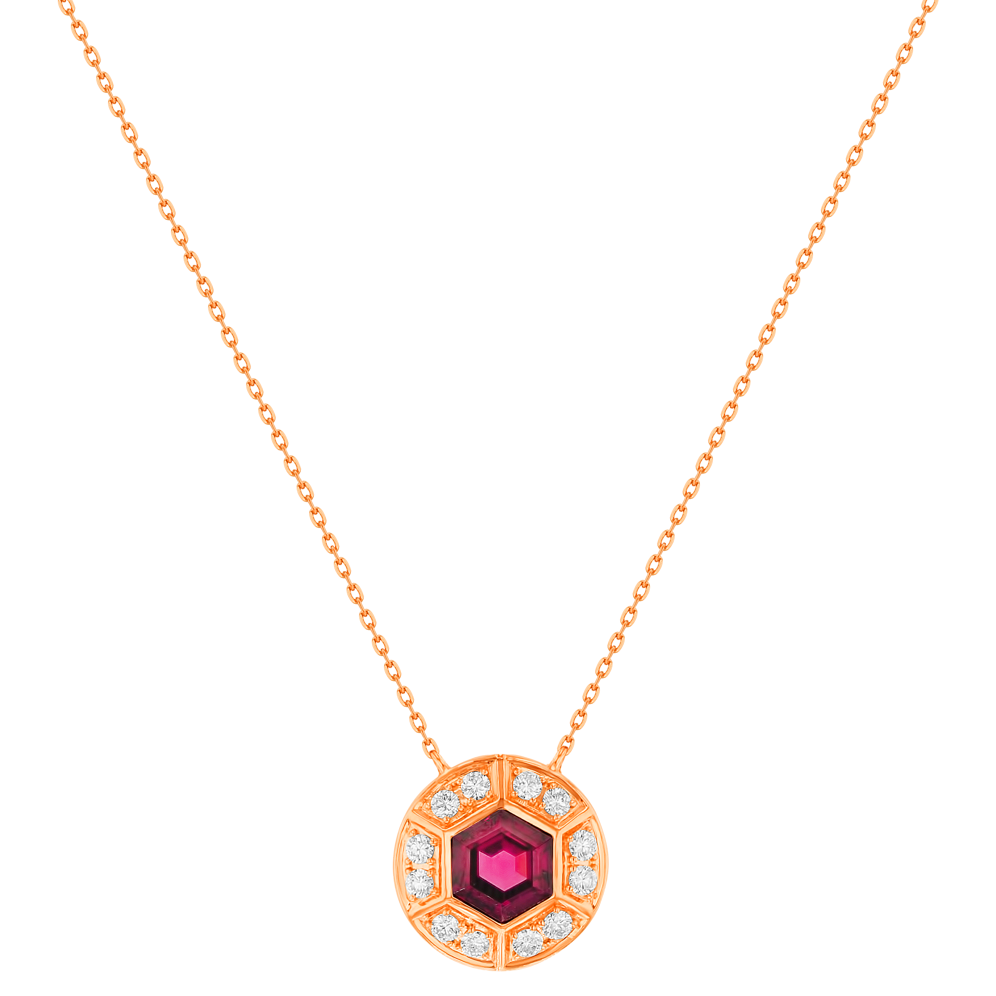 Kanzi Necklace in 18K Rose Gold and studded with Raspberry Rhodolite