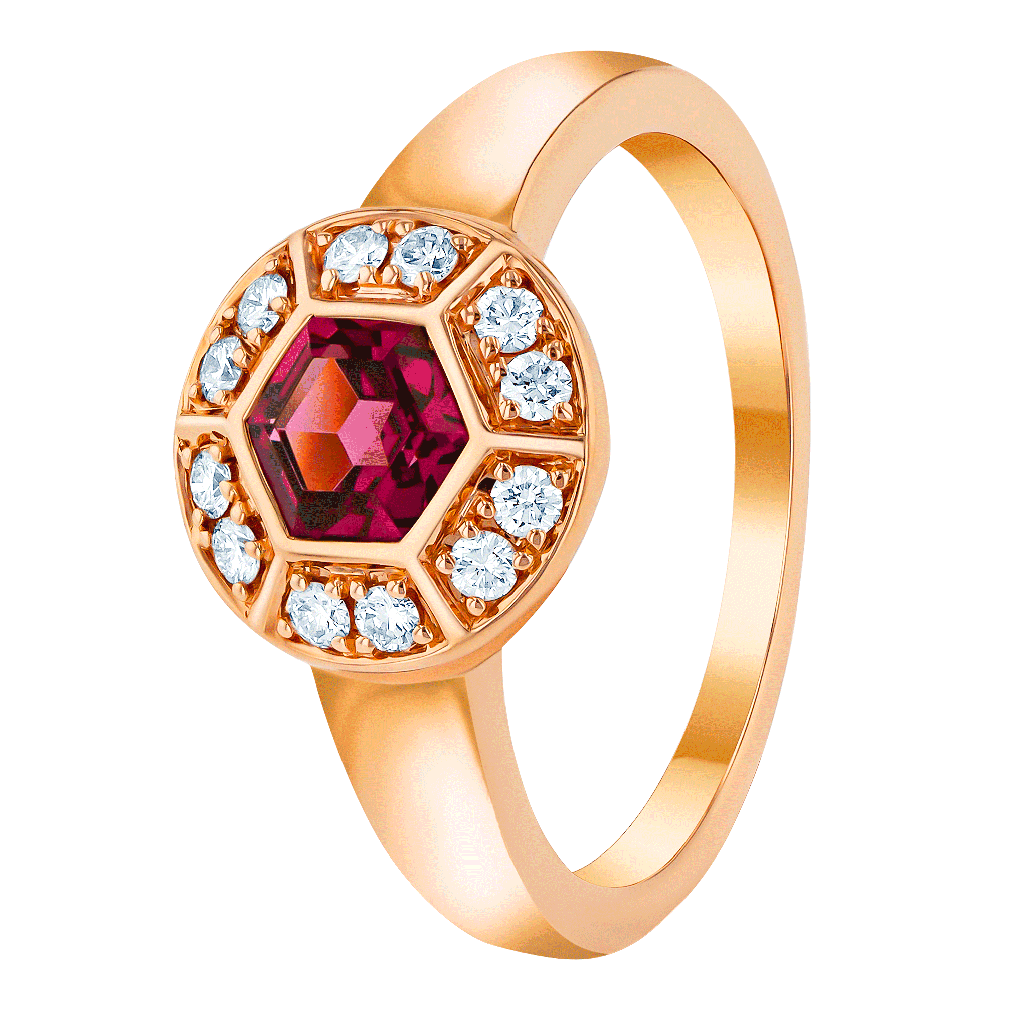 Kanzi Ring in 18K Rose Gold and studded with Raspberry Rhodolite