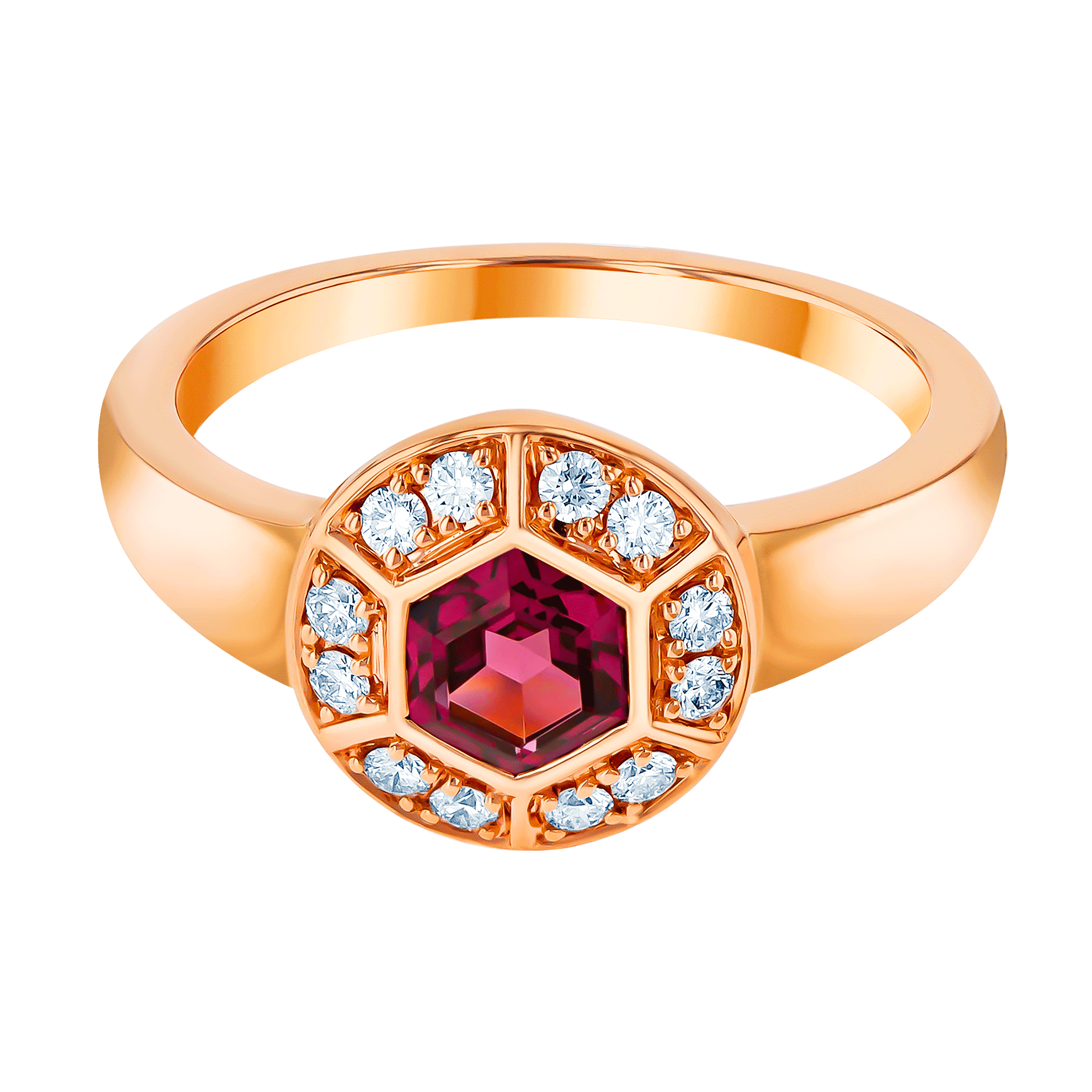 Kanzi Ring in 18K Rose Gold and studded with Raspberry Rhodolite