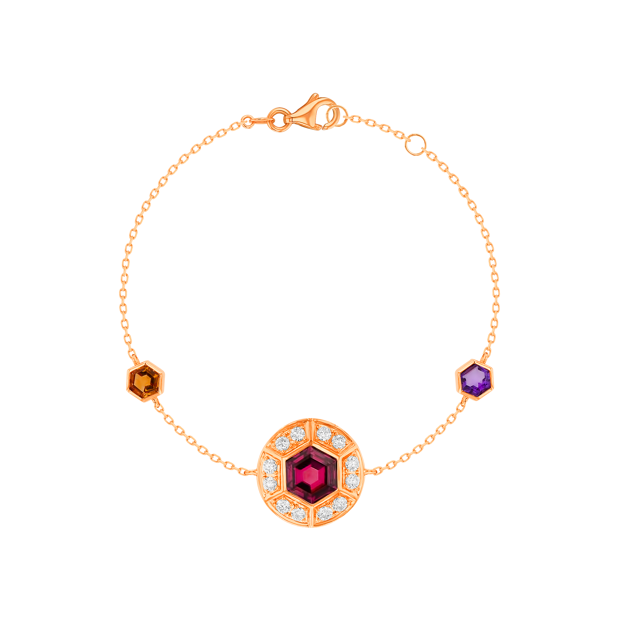 Kanzi Bracelet in 18K Rose Gold and studded with Raspberry Rhodolite Orange Citrine,
and Purple Amethyst