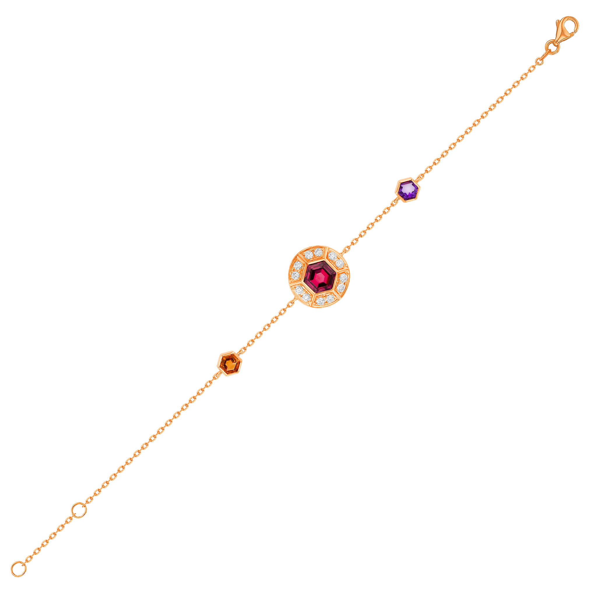 Kanzi Bracelet in 18K Rose Gold and studded with Raspberry Rhodolite Orange Citrine,
and Purple Amethyst