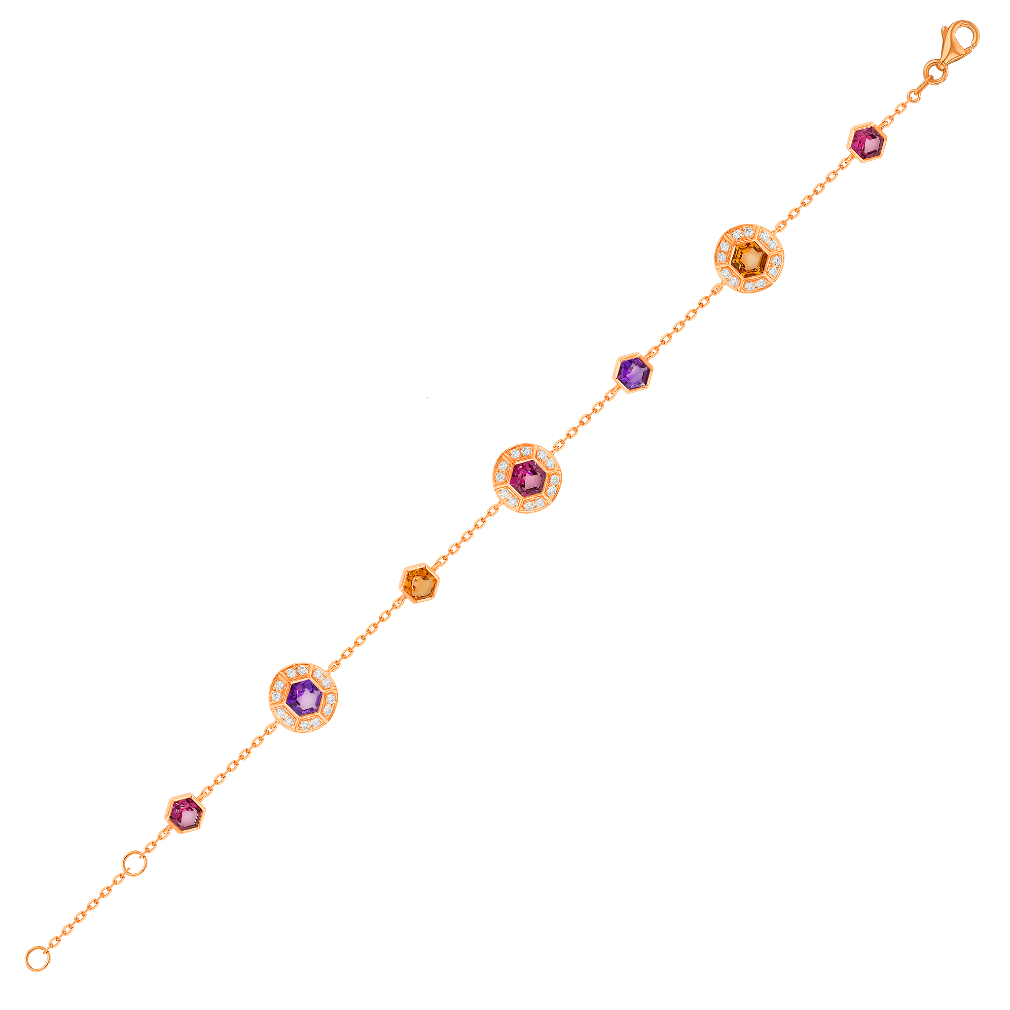 Kanzi Bracelet in 18K Rose Gold and studded with Raspberry Rhodolite Orange Citrine,
and Purple Amethyst