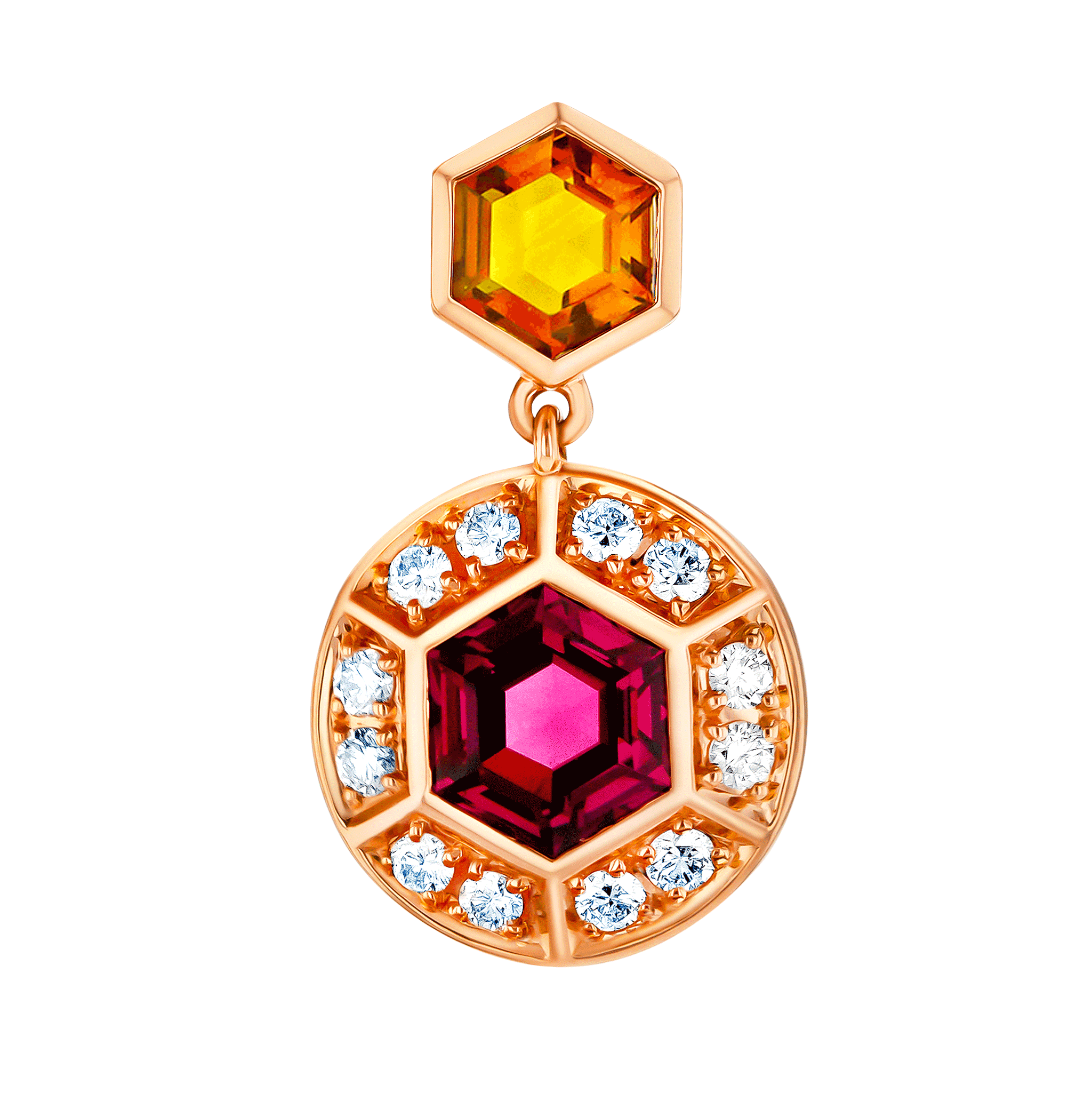 Kanzi Earrings in 18K Rose Gold and studded with Raspberry Rhodolite and Orange Citrine