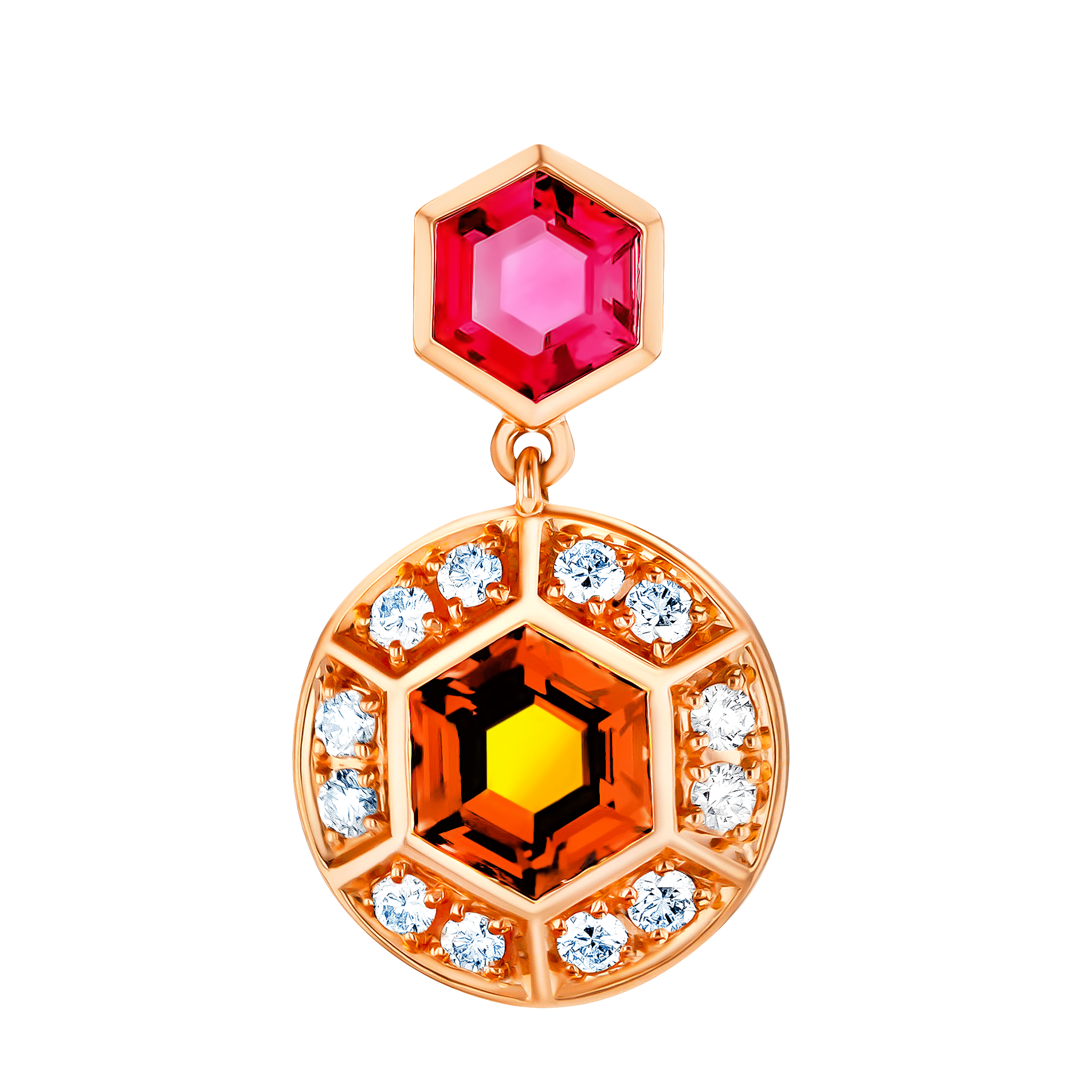Kanzi Earrings in 18K Rose Gold and studded with Raspberry Rhodolite and Orange Citrine