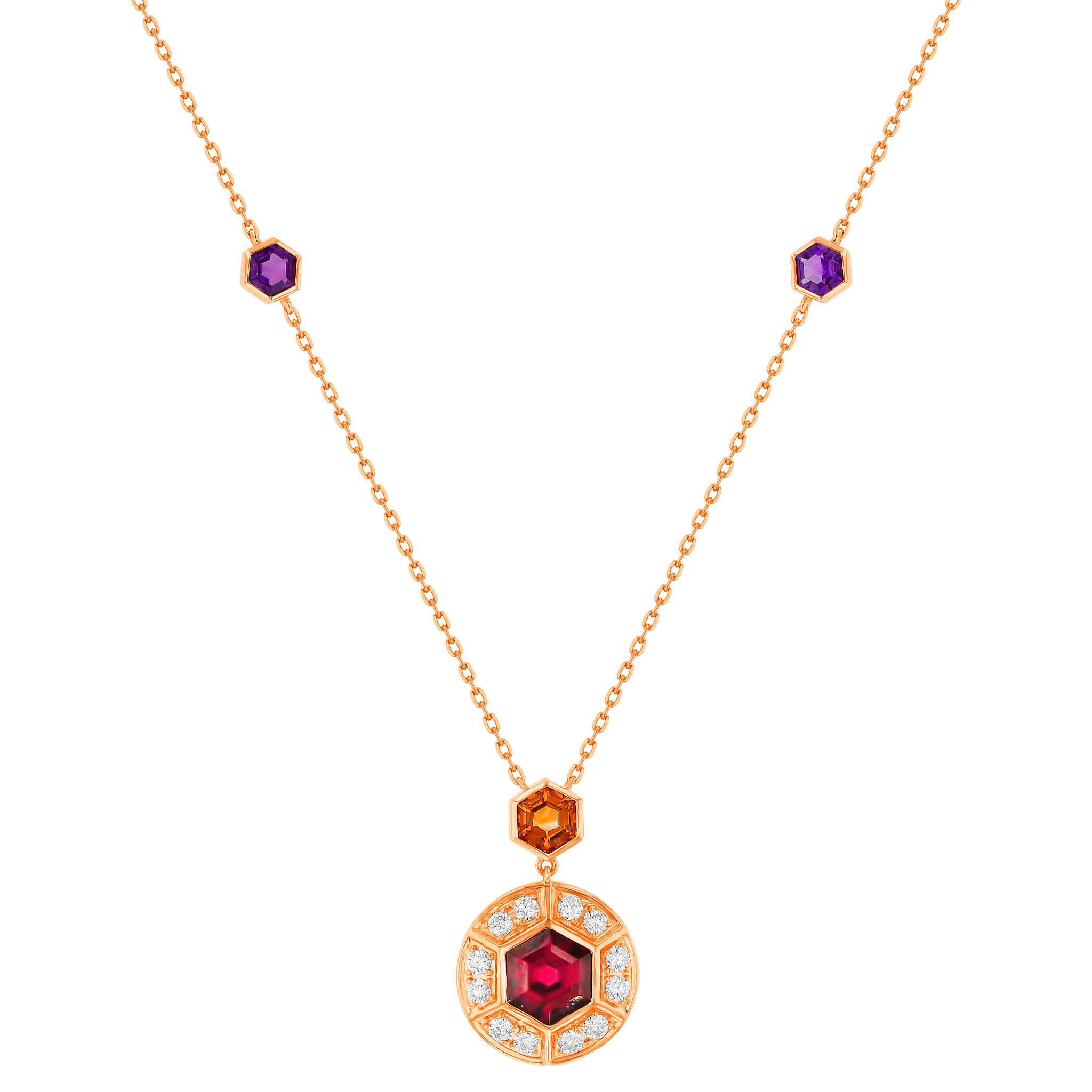 Kanzi Necklace in 18K Rose Gold and studded with Raspberry Rhodolite Orange Citrine,
and Purple Amethyst
