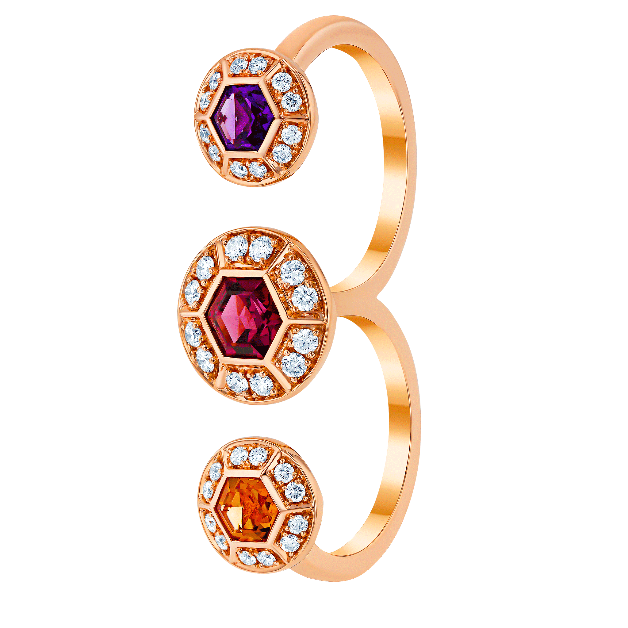 Kanzi Ring in 18K Rose Gold and studded with Raspberry Rhodolite Orange Citrine,
and Purple Amethyst