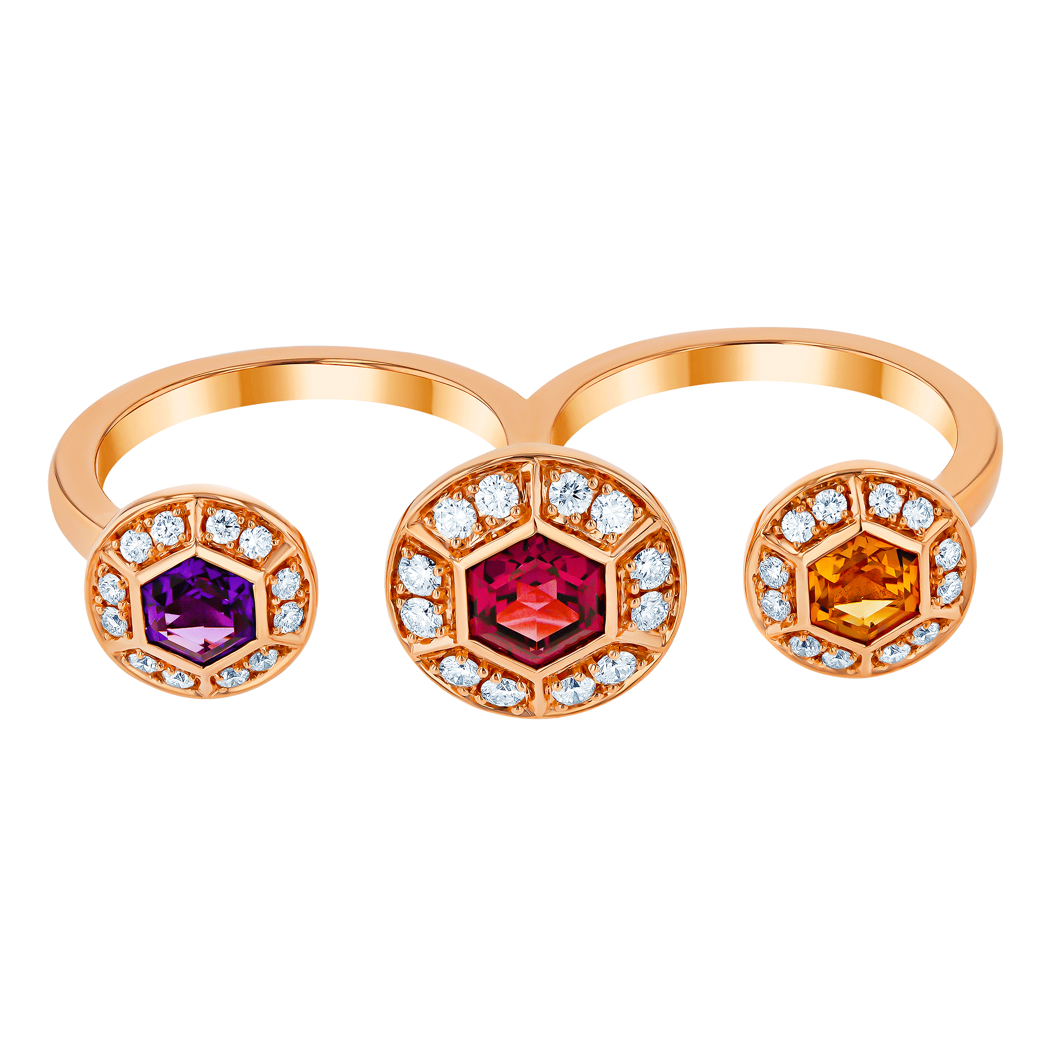 Kanzi Ring in 18K Rose Gold and studded with Raspberry Rhodolite Orange Citrine,
and Purple Amethyst