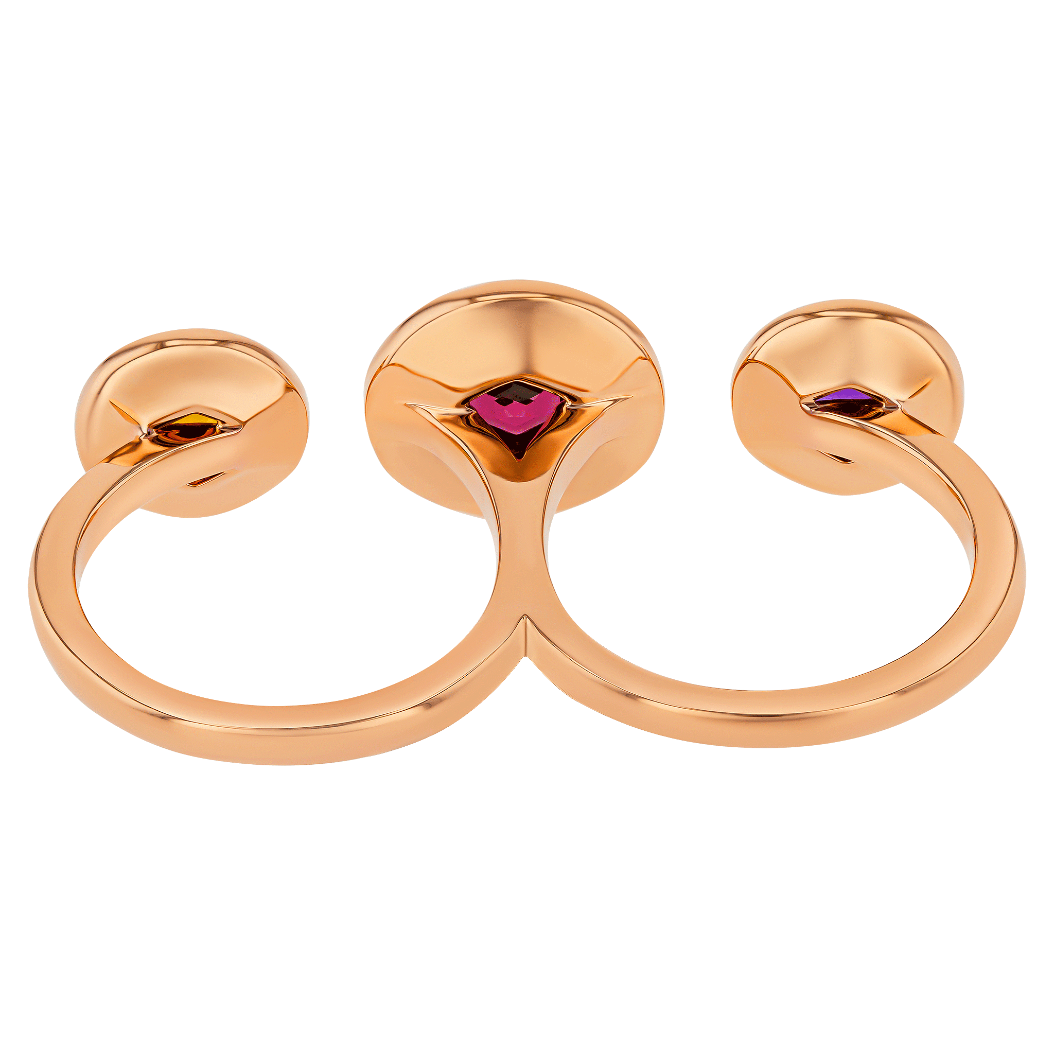 Kanzi Ring in 18K Rose Gold and studded with Raspberry Rhodolite Orange Citrine,
and Purple Amethyst