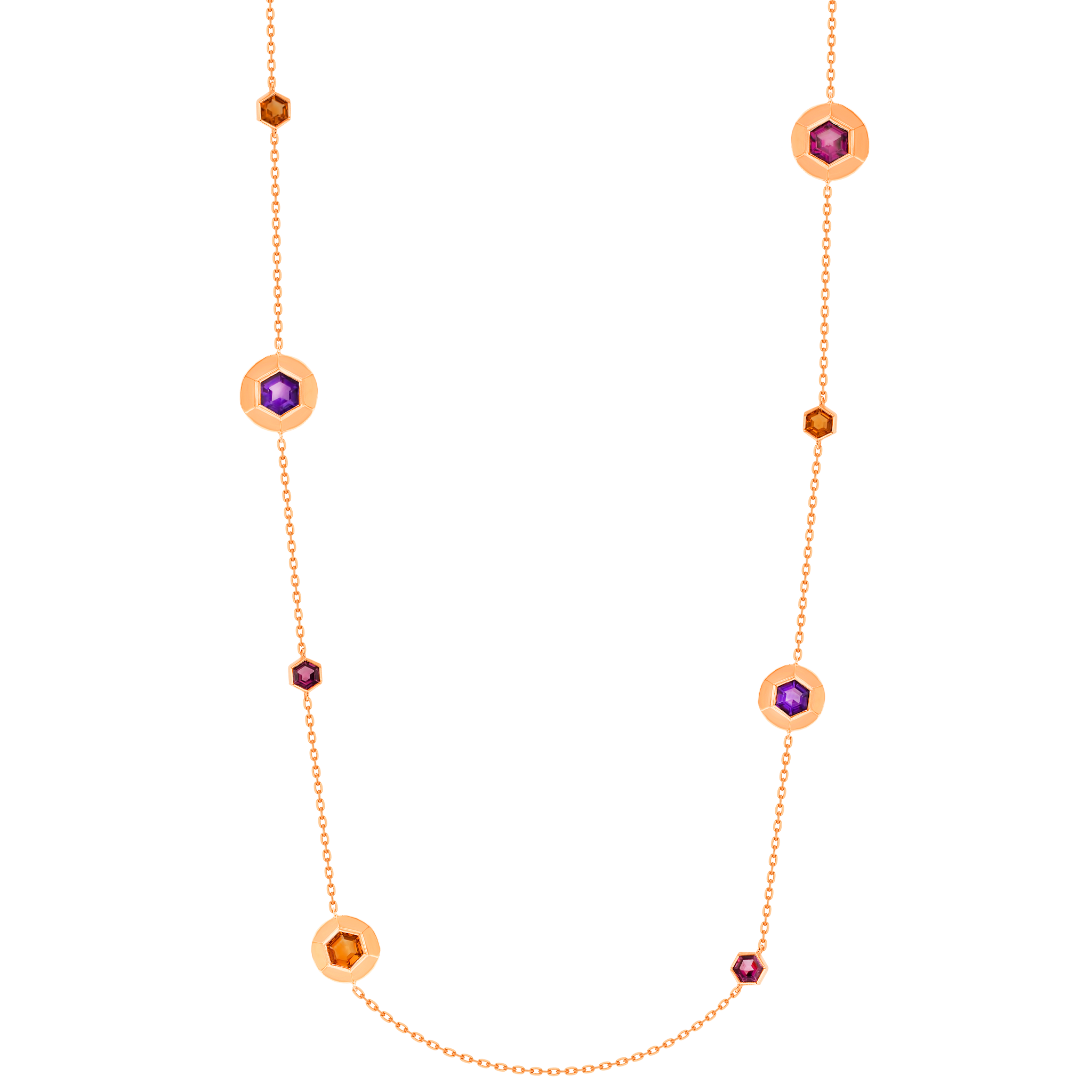 Kanzi Necklace in 18K Rose Gold and studded  with Raspberry Rhodolite Orange Citrine,
and Purple Amethyst