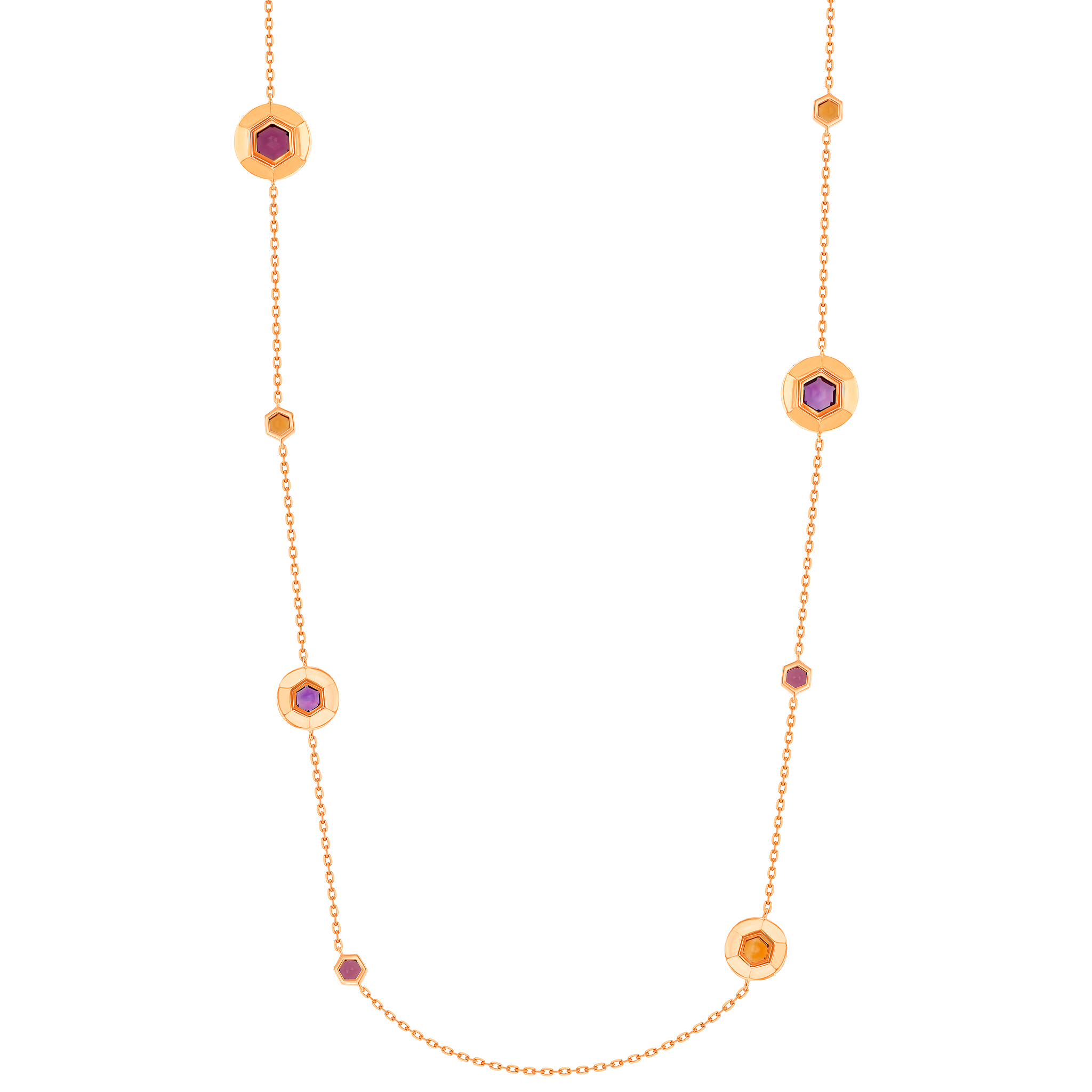 Kanzi Necklace in 18K Rose Gold and studded  with Raspberry Rhodolite Orange Citrine,
and Purple Amethyst