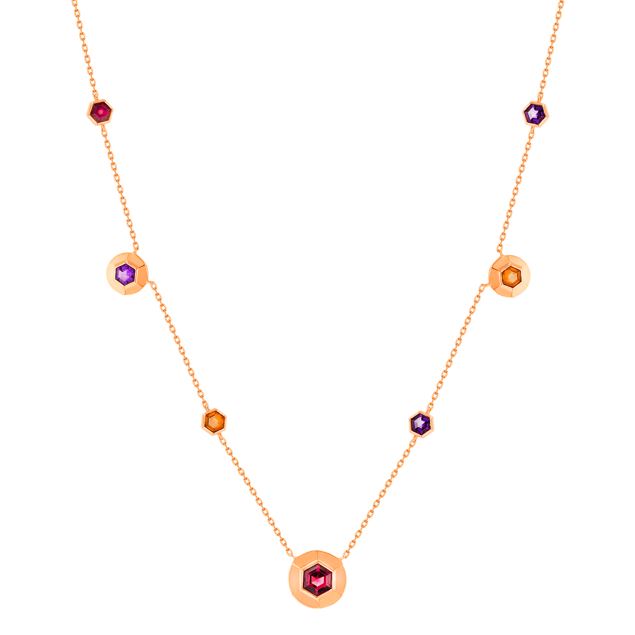 Kanzi Necklace in 18K Rose Gold and studded  with Raspberry Rhodolite Orange Citrine,
and Purple Amethyst