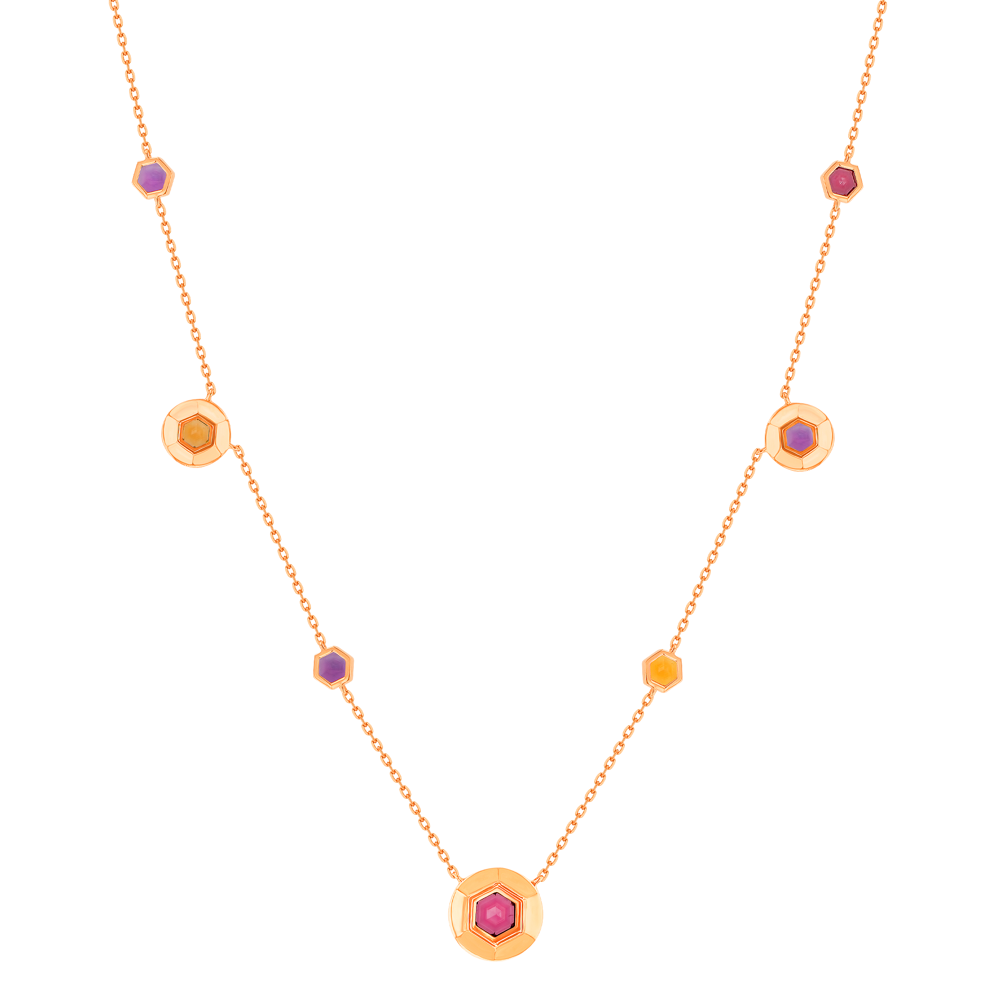 Kanzi Necklace in 18K Rose Gold and studded  with Raspberry Rhodolite Orange Citrine,
and Purple Amethyst