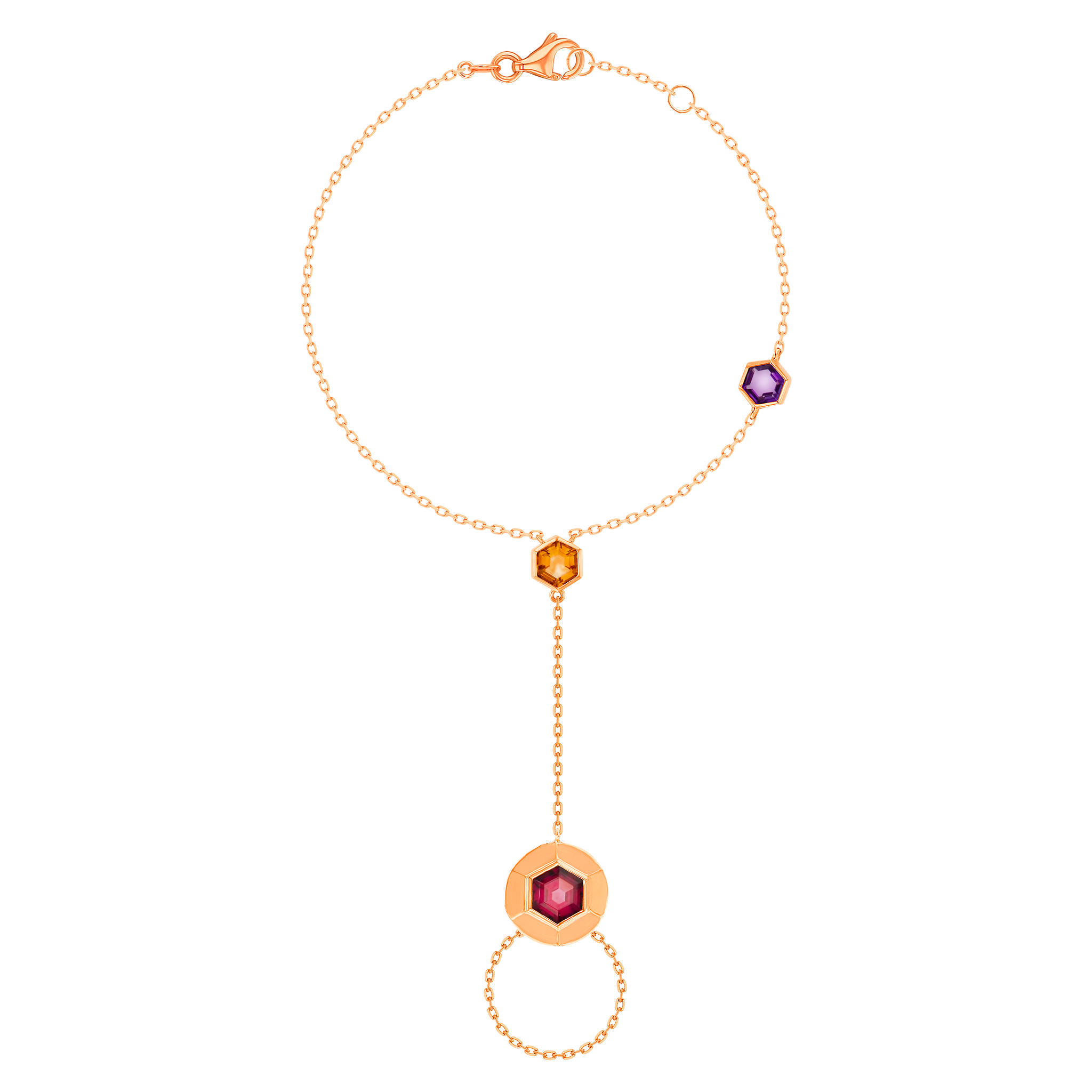 Kanzi Panja in 18K Rose Gold and studded with Raspberry Rhodolite Orange Citrine,
and Purple Amethyst