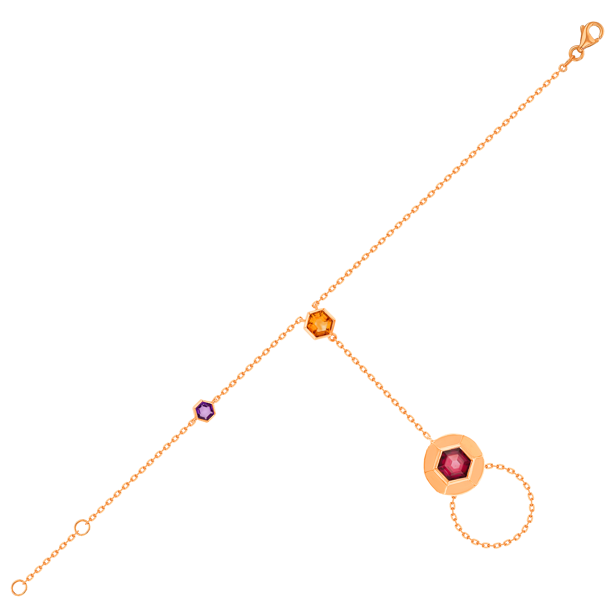 Kanzi Panja in 18K Rose Gold and studded with Raspberry Rhodolite Orange Citrine,
and Purple Amethyst