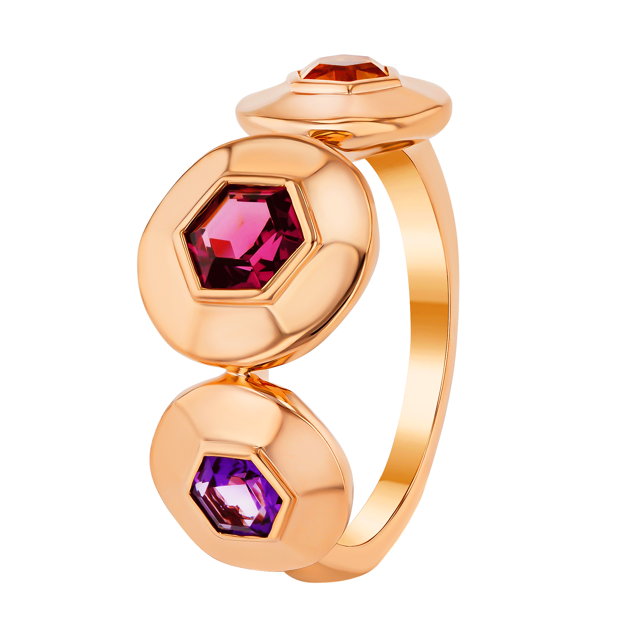 Kanzi Ring in 18K Rose Gold and studded with Raspberry Rhodolite Orange Citrine,
and Purple Amethyst