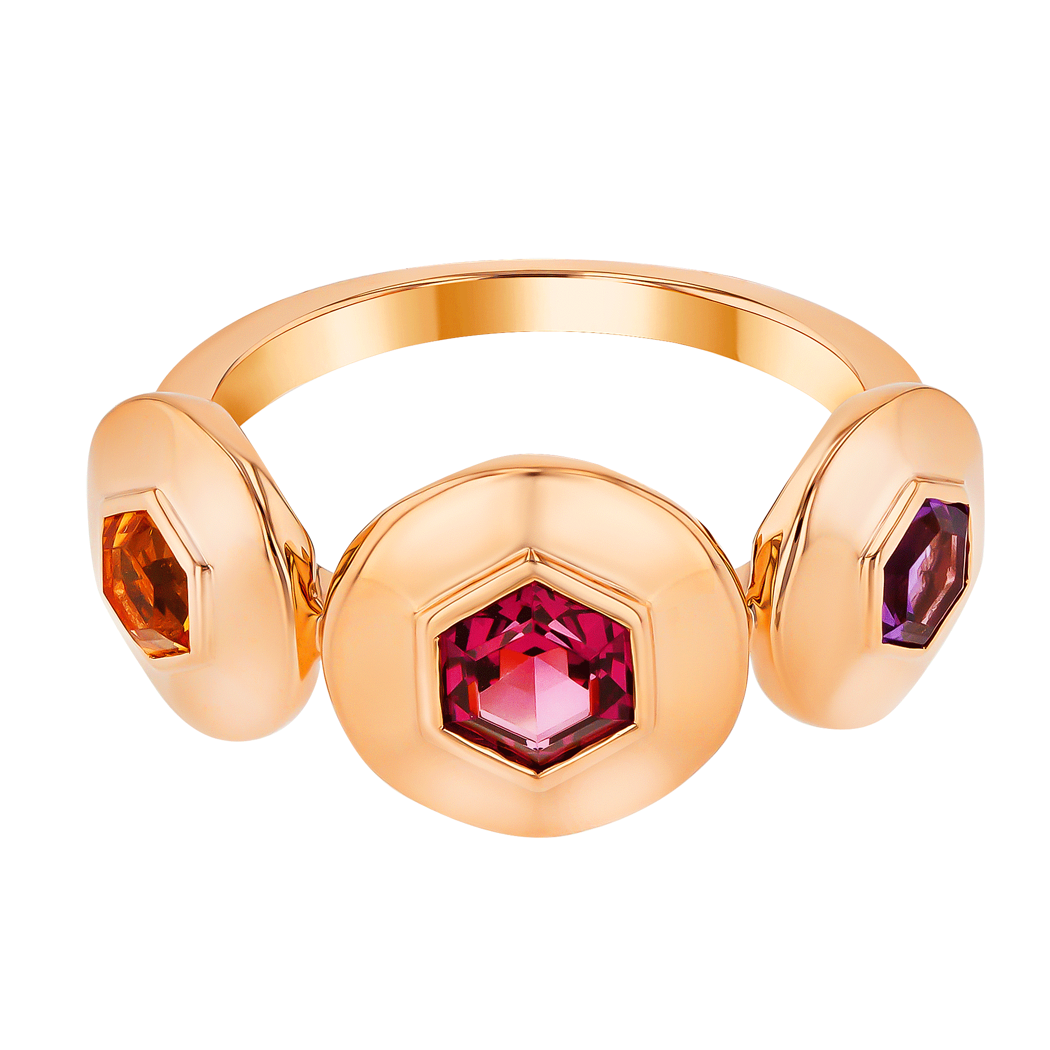 Kanzi Ring in 18K Rose Gold and studded with Raspberry Rhodolite Orange Citrine,
and Purple Amethyst