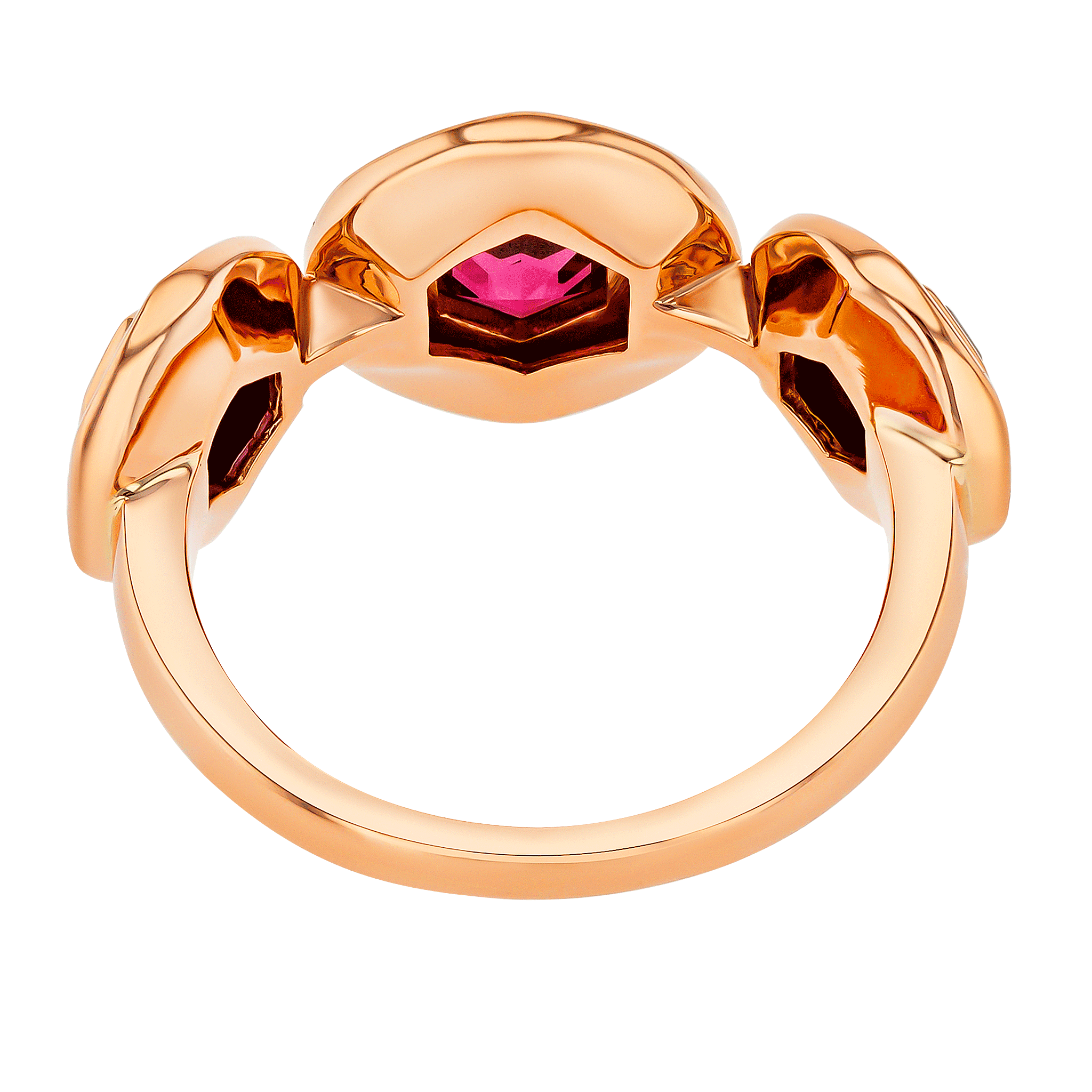 Kanzi Ring in 18K Rose Gold and studded with Raspberry Rhodolite Orange Citrine,
and Purple Amethyst