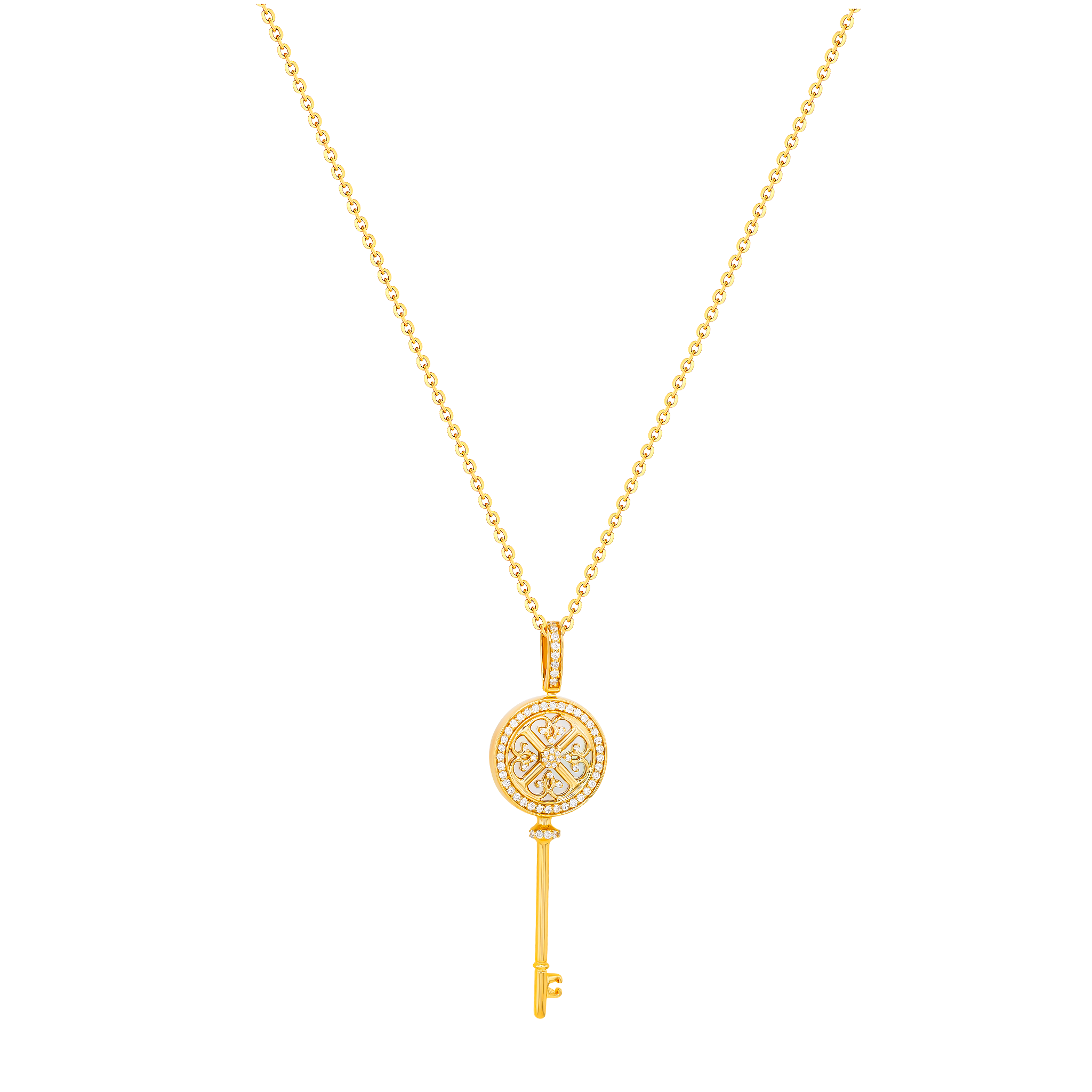 Lace Key 18k Yellow Gold Diamond and Mother of Pearl Necklace