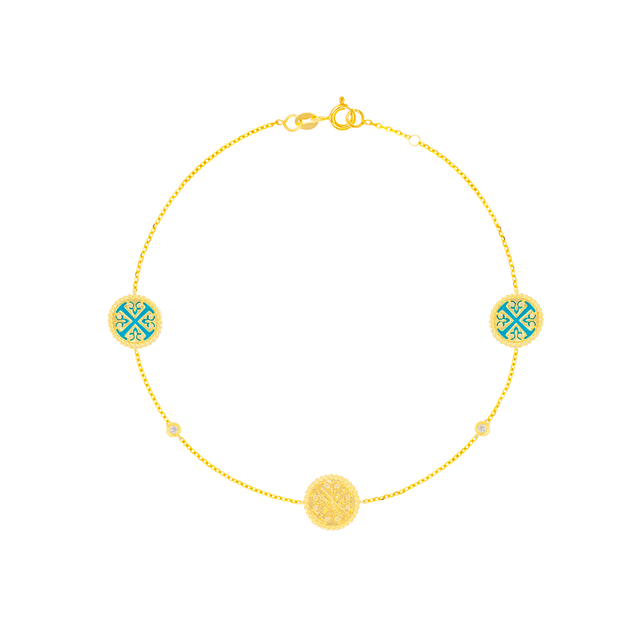 Lace Turquoise Stone Diamond Three Motifs Bracelet in 18K Yellow Hammered Gold