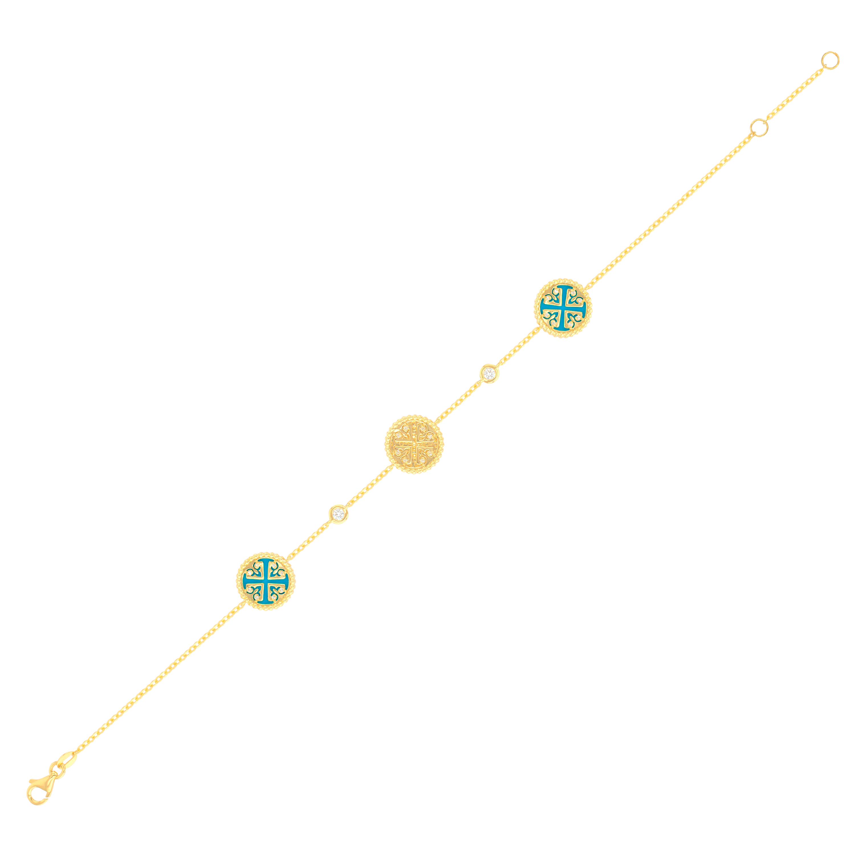 Lace Turquoise Stone Diamond Three Motifs Bracelet in 18K Yellow Hammered Gold