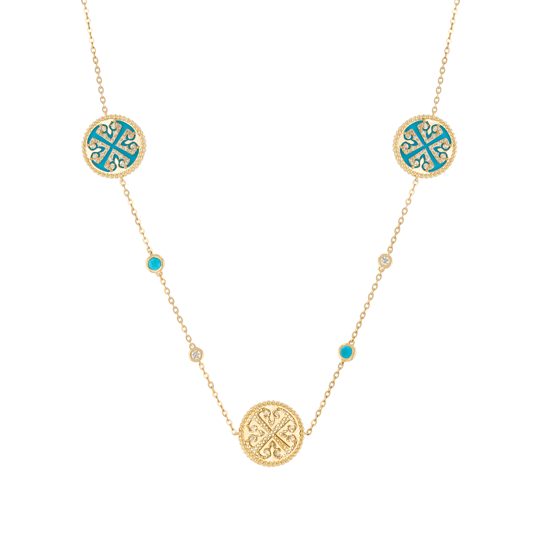 Lace Turquoise Stone Diamond Necklace in 18K Yellow Gold