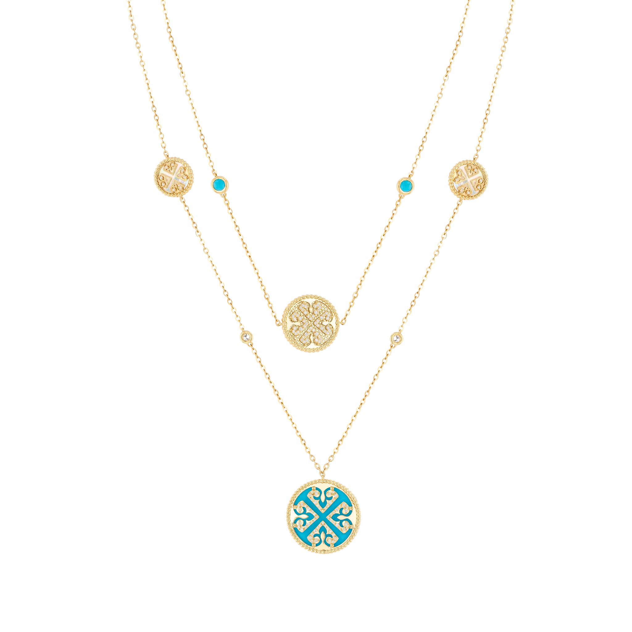 Lace Turquoise Stone with White Mother of Pearl Diamond Two Layerd Necklace in 18K Yellow Gold