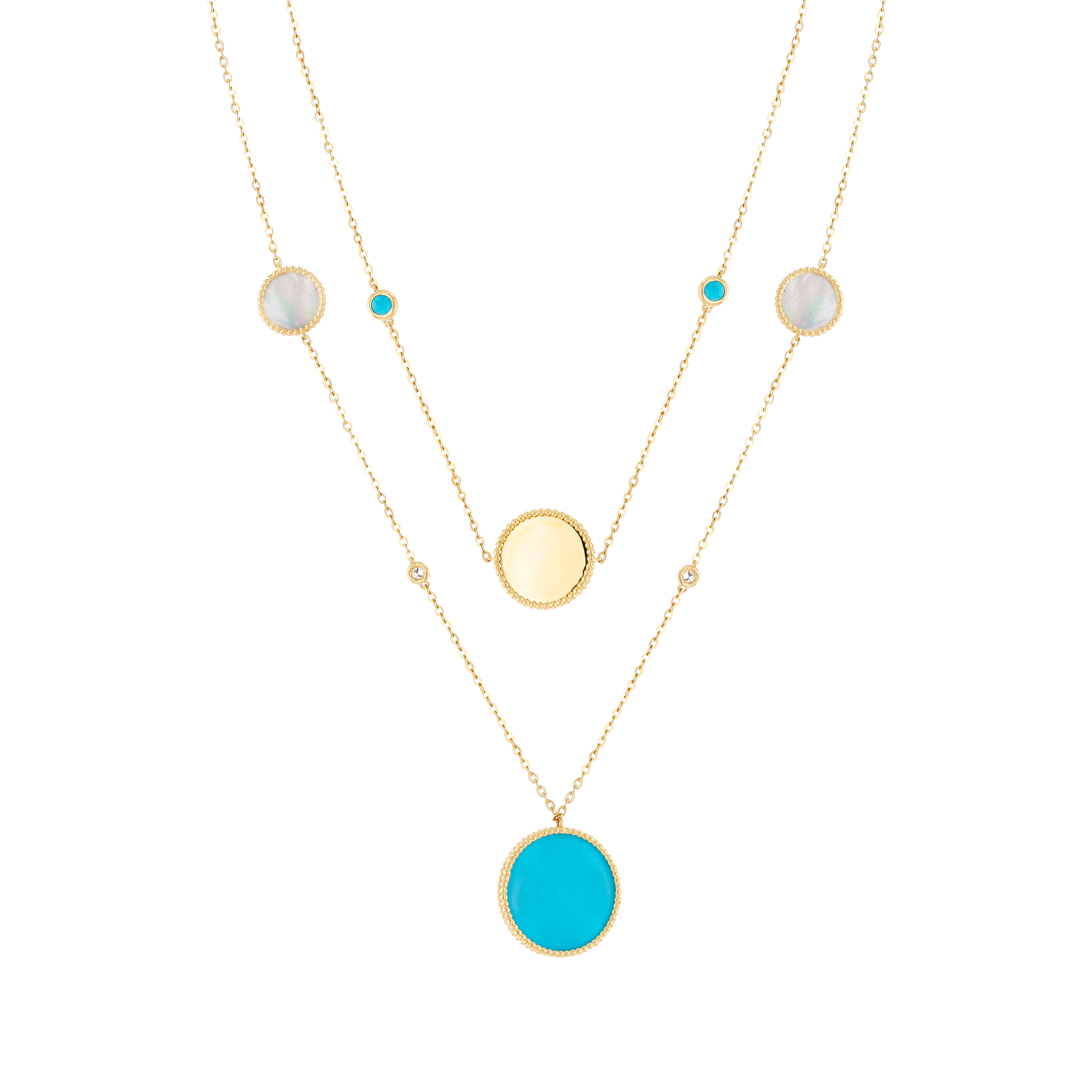 Lace Turquoise Stone with White Mother of Pearl Diamond Two Layerd Necklace in 18K Yellow Gold
