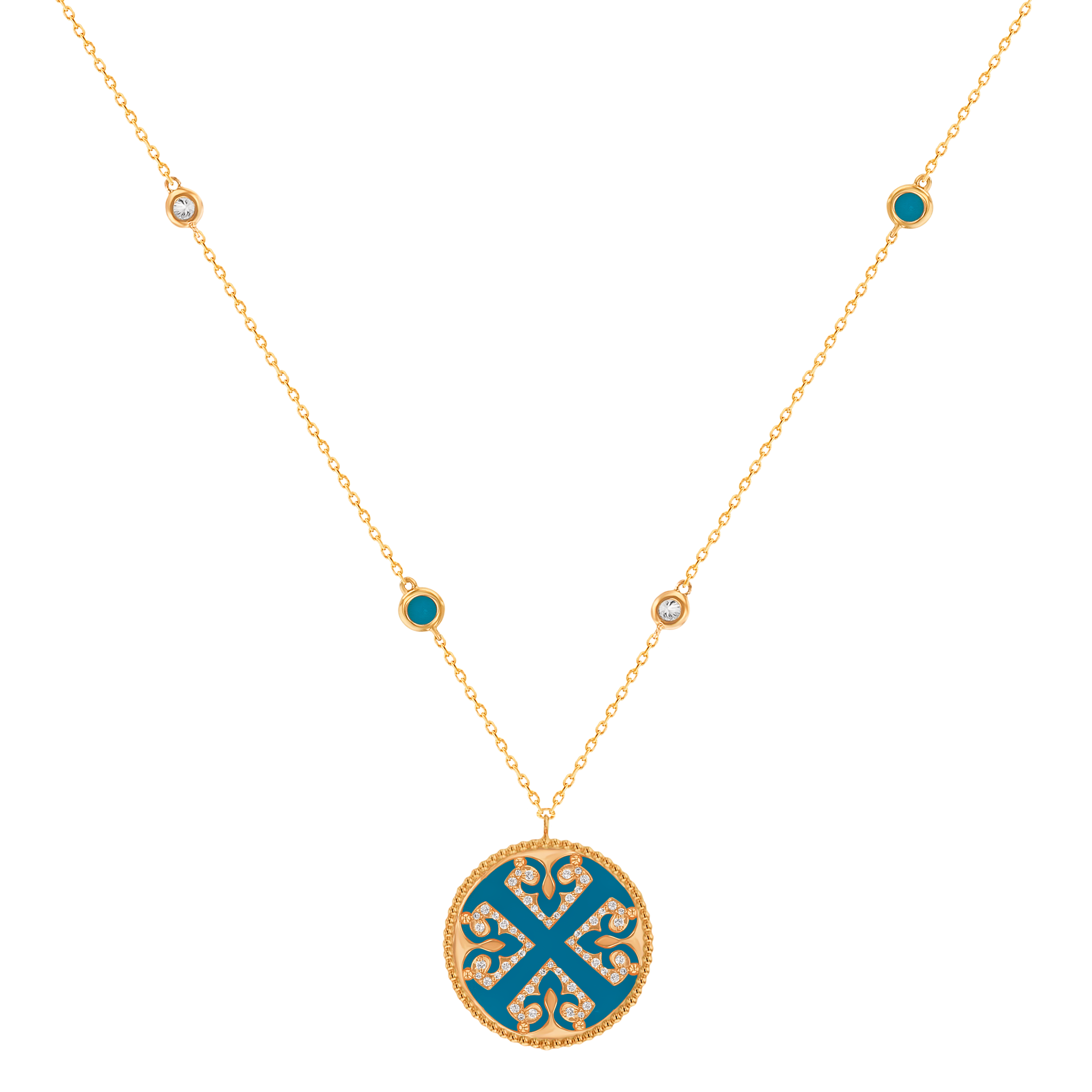 Lace Single Medallion Necklace in 18K Rose Gold With Turquoise And Diamonds