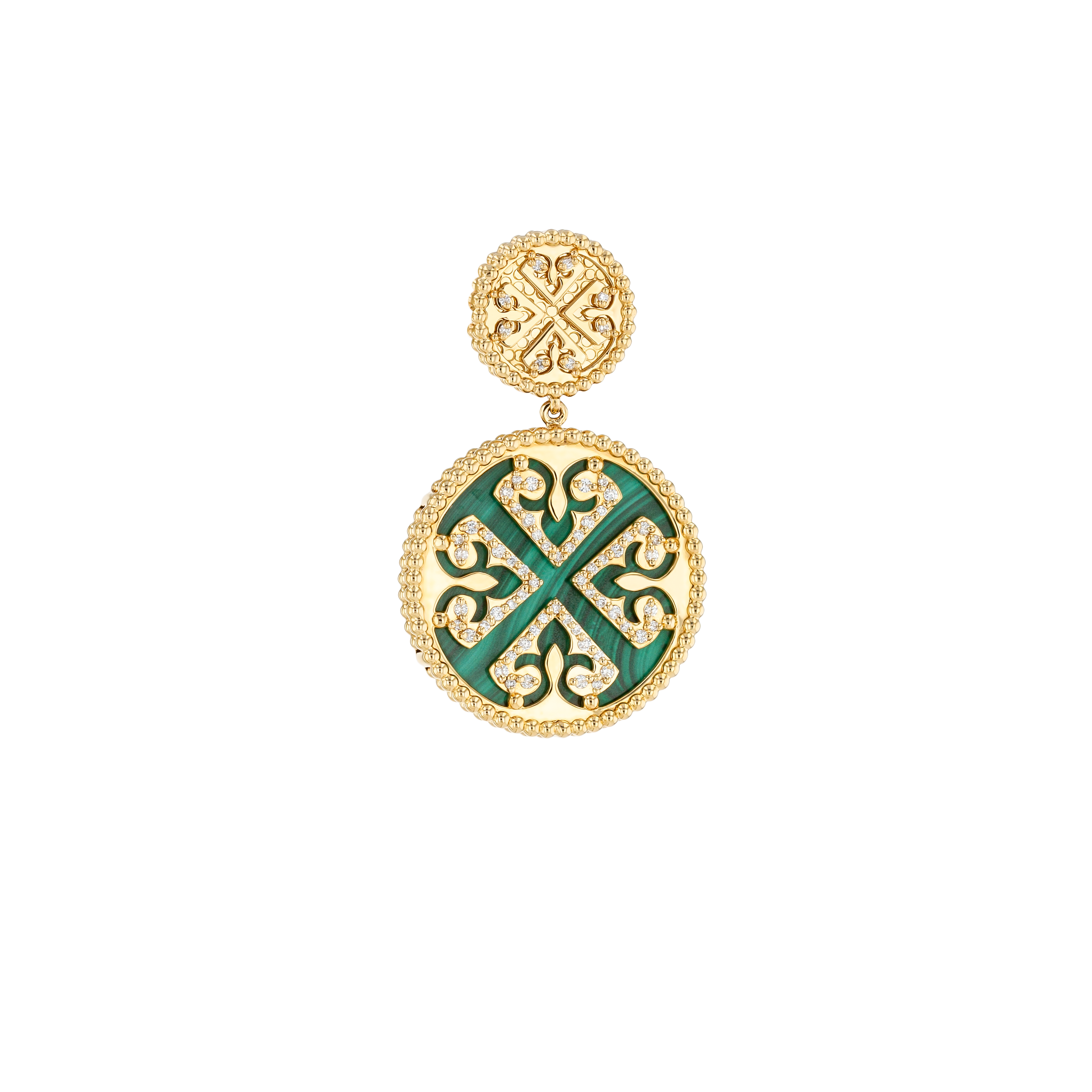 Lace Malachite Stone Diamond Two Motifs Earrings in 18K Yellow Gold
